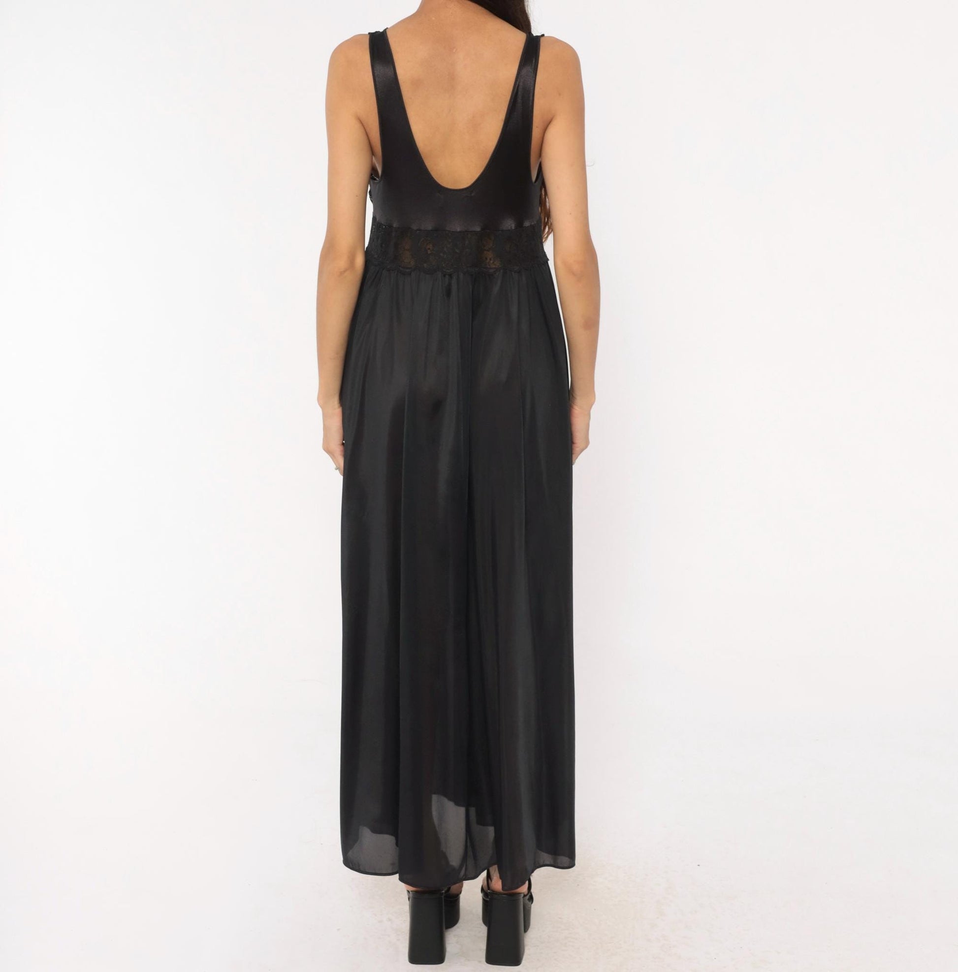 80s Shadowline Black Lace Maxi Nightgown Deep V Sheer Bodice Large L