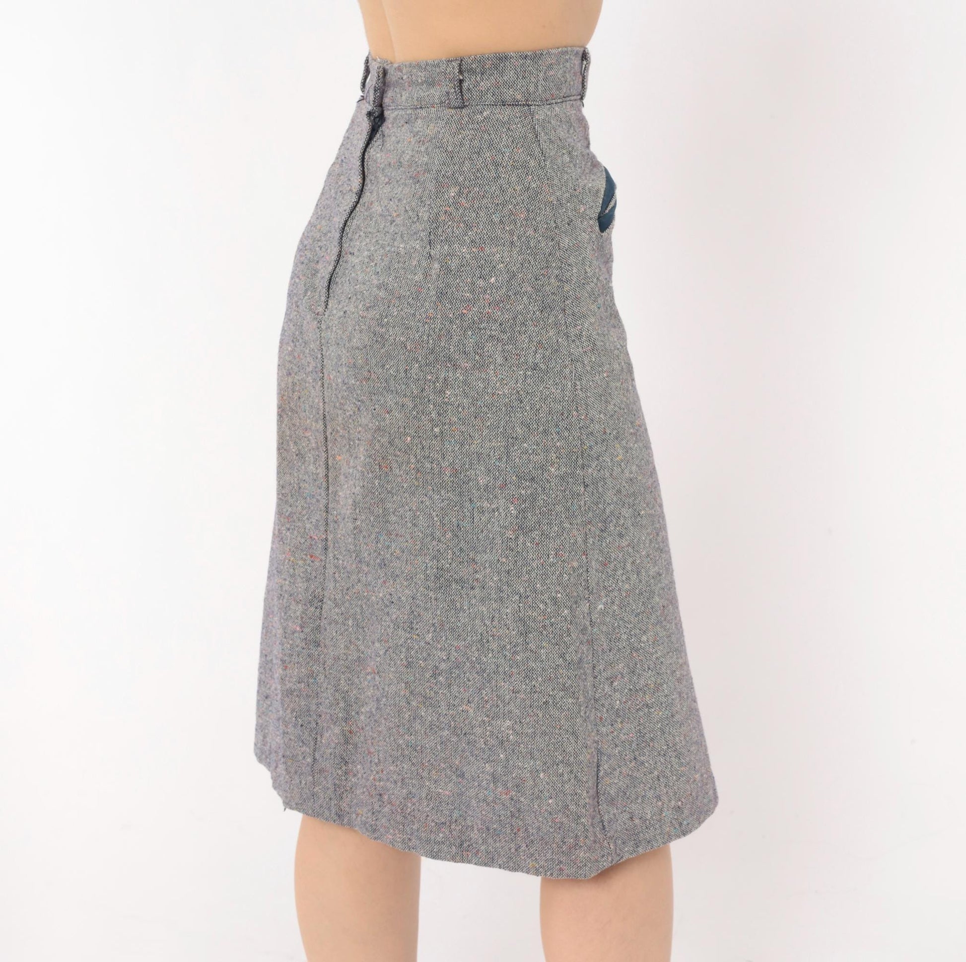 70s Navy Grey Tweed A-Line Skirt High Waist Welt Pocket Wool Blend Extra Small XS