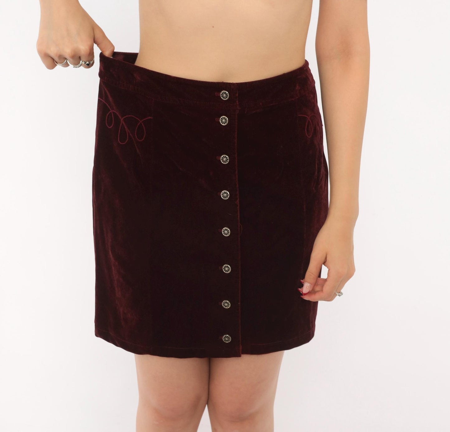 90s Burgundy Velvet Mini Skirt Silver Snap Button Front Embroidered Small