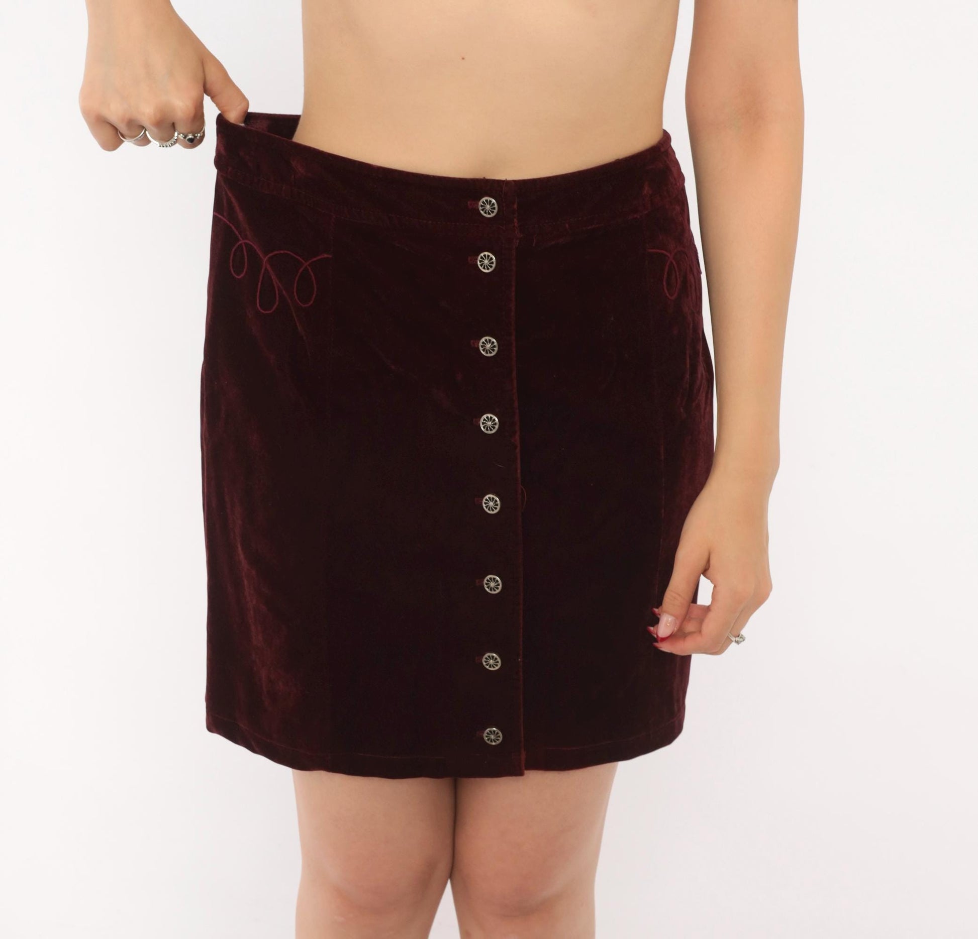 90s Burgundy Velvet Mini Skirt Silver Snap Button Front Embroidered Small