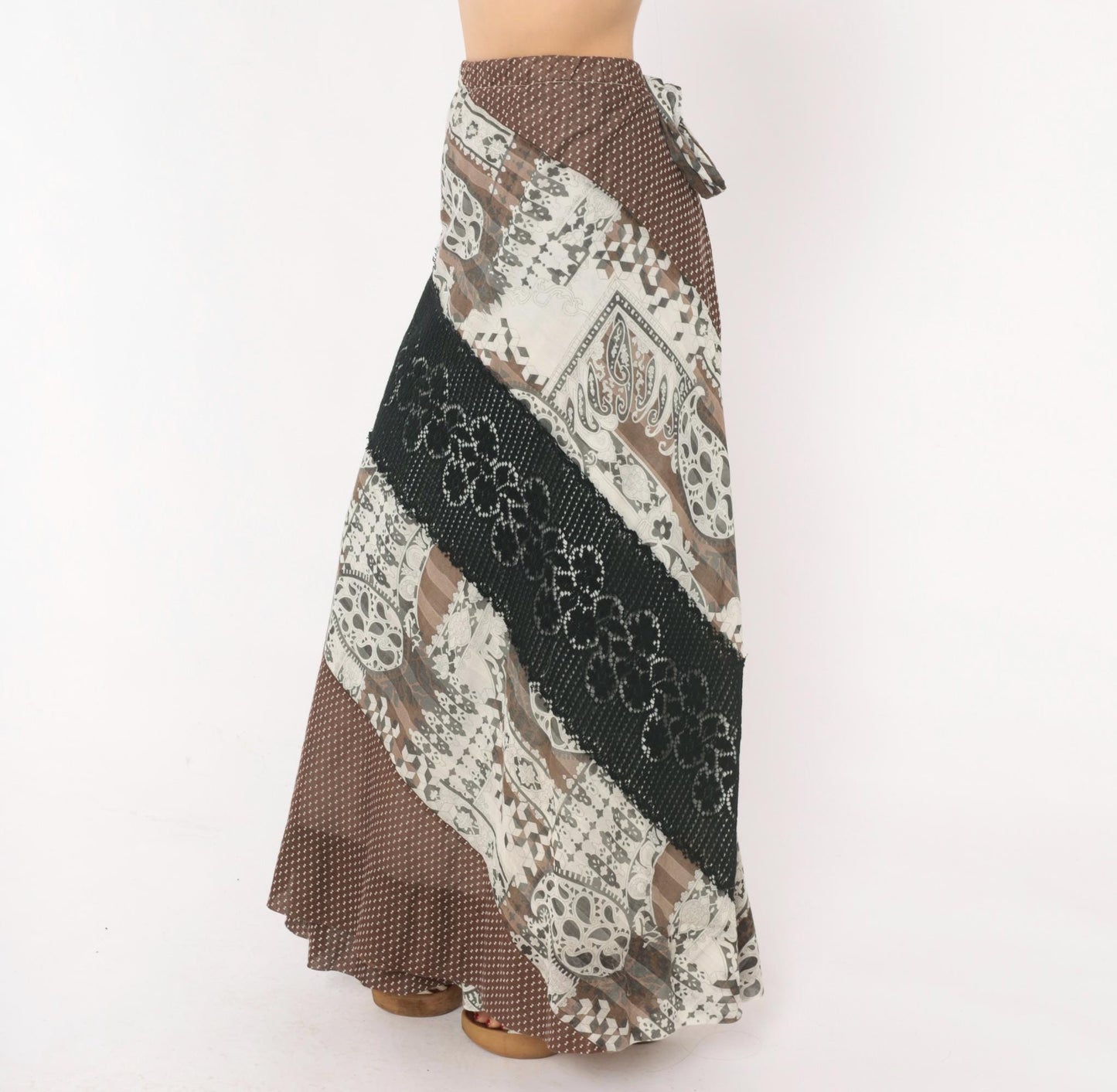 70s Chessa Davis Patchwork Maxi Wrap Skirt Brown Black Paisley Crochet Lace Large L