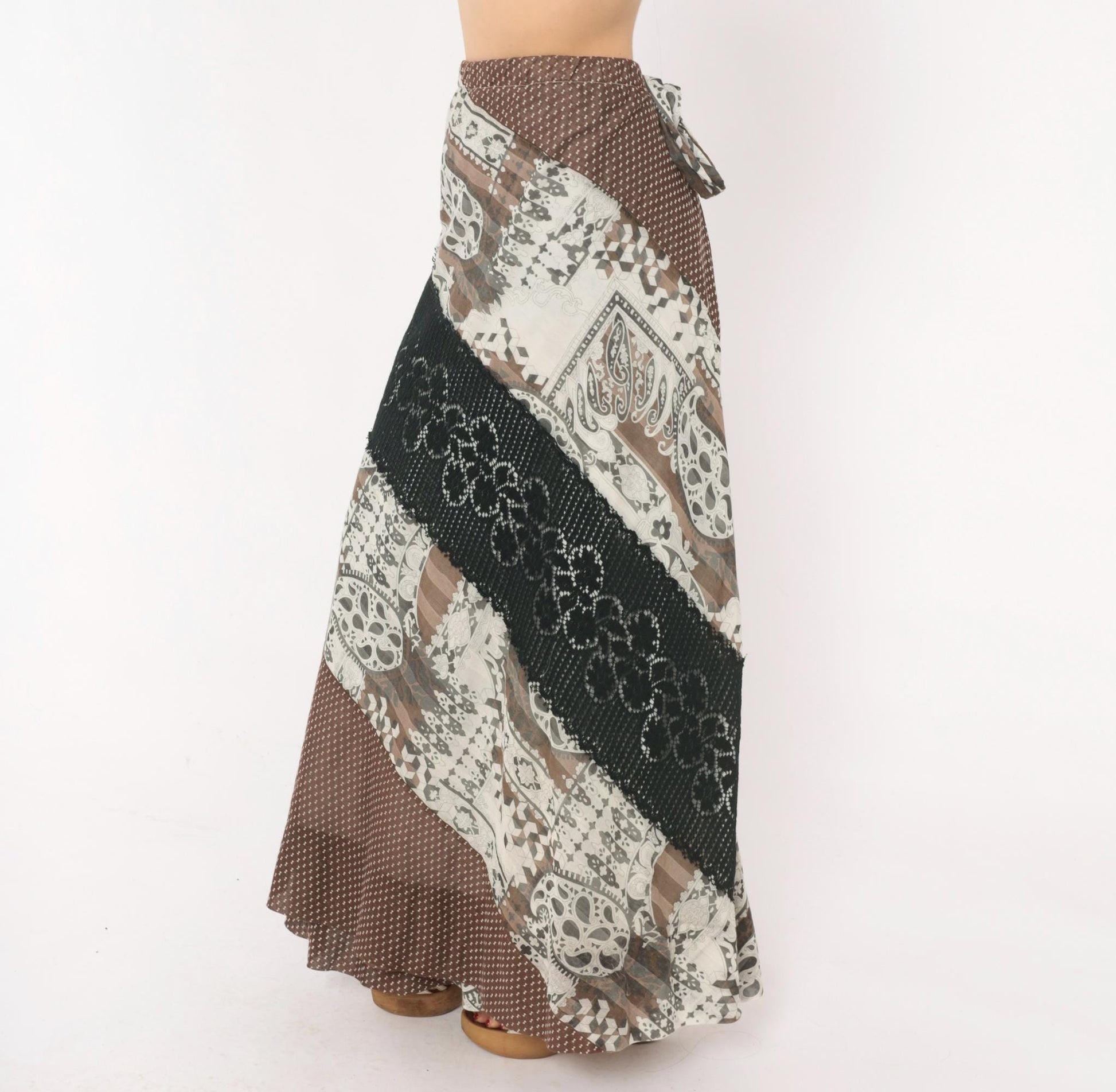 70s Chessa Davis Patchwork Maxi Wrap Skirt Brown Black Paisley Crochet Lace Large L