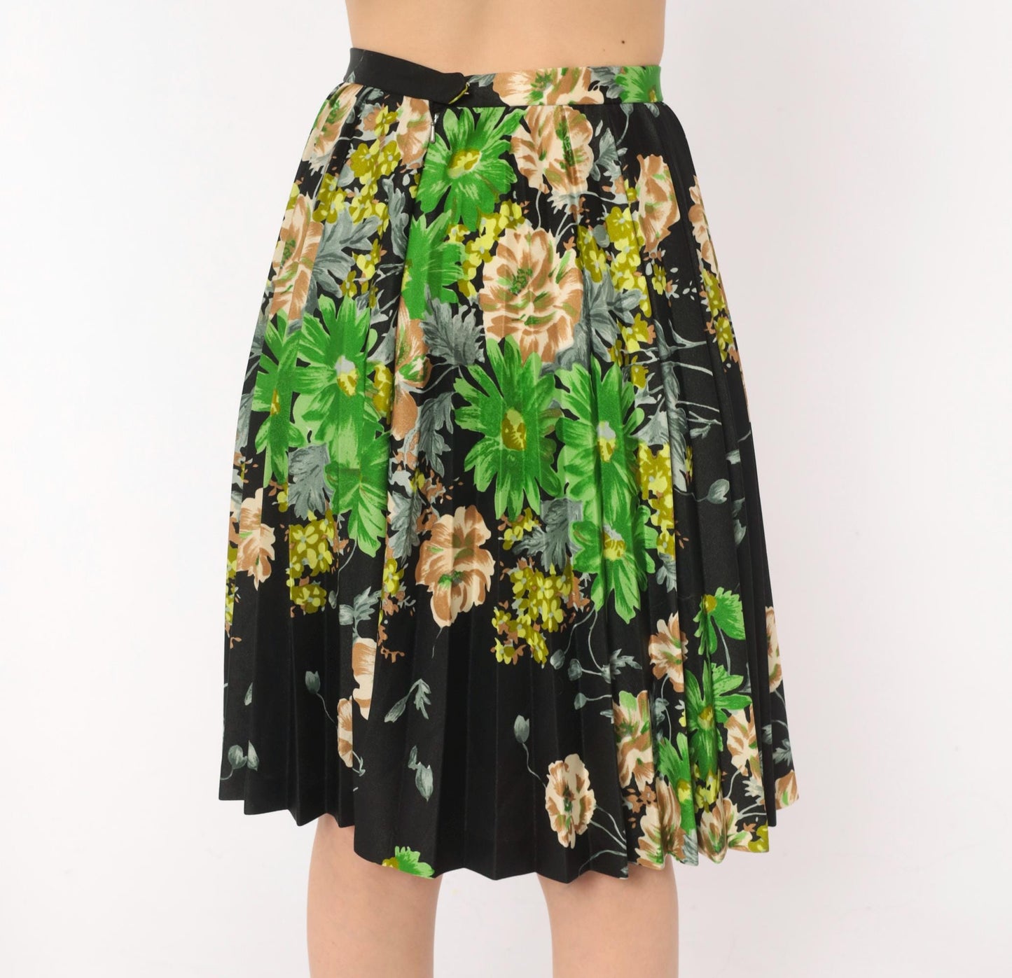 70s Floral Pleated Skirt Black Daisy Rose Print Knee-Length A-Line Extra Small