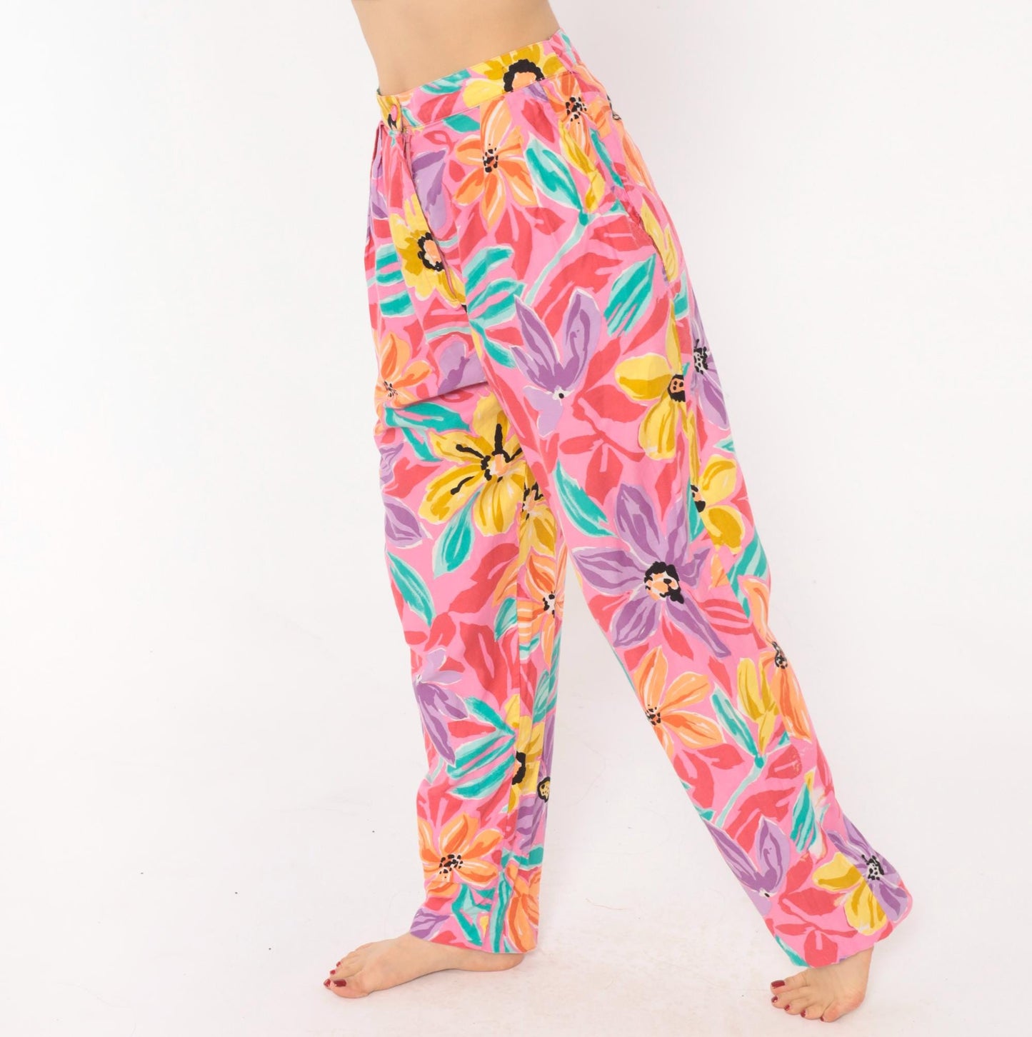 90s Charles Glueck Tropical Floral Tapered Pants Pink Purple High Waist Small