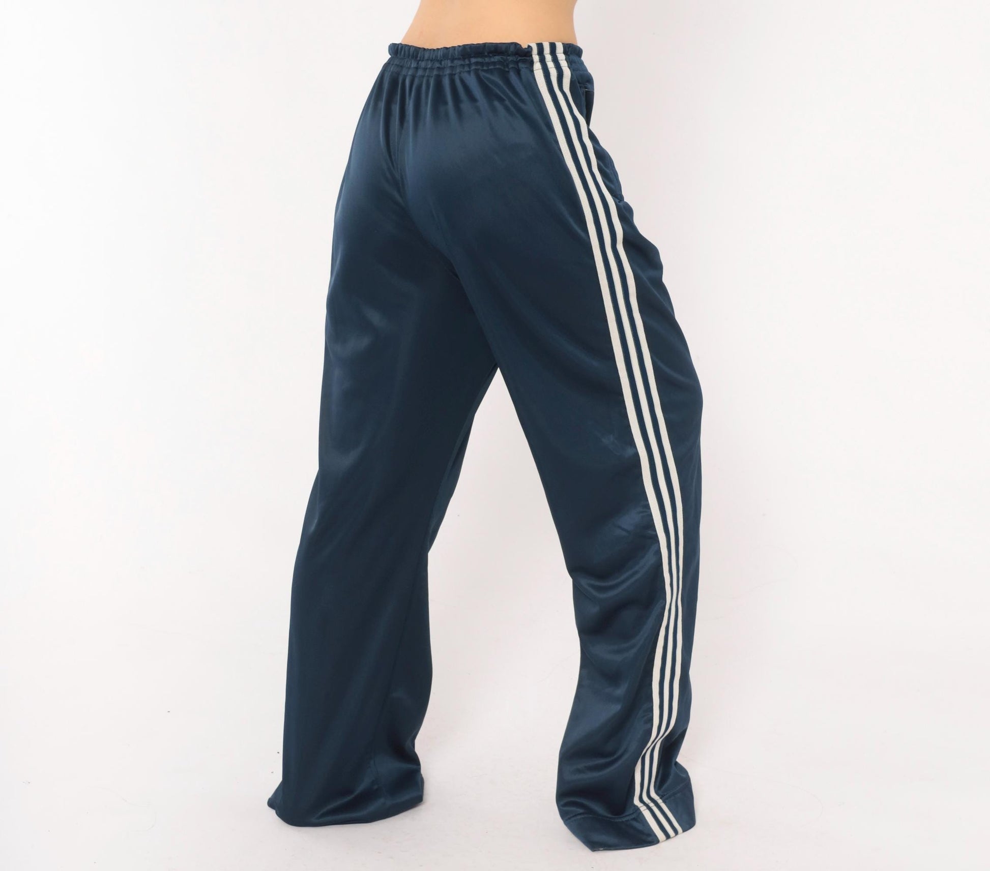 80s Adidas Navy Track Pants White Three Stripe Straight Leg Large L
