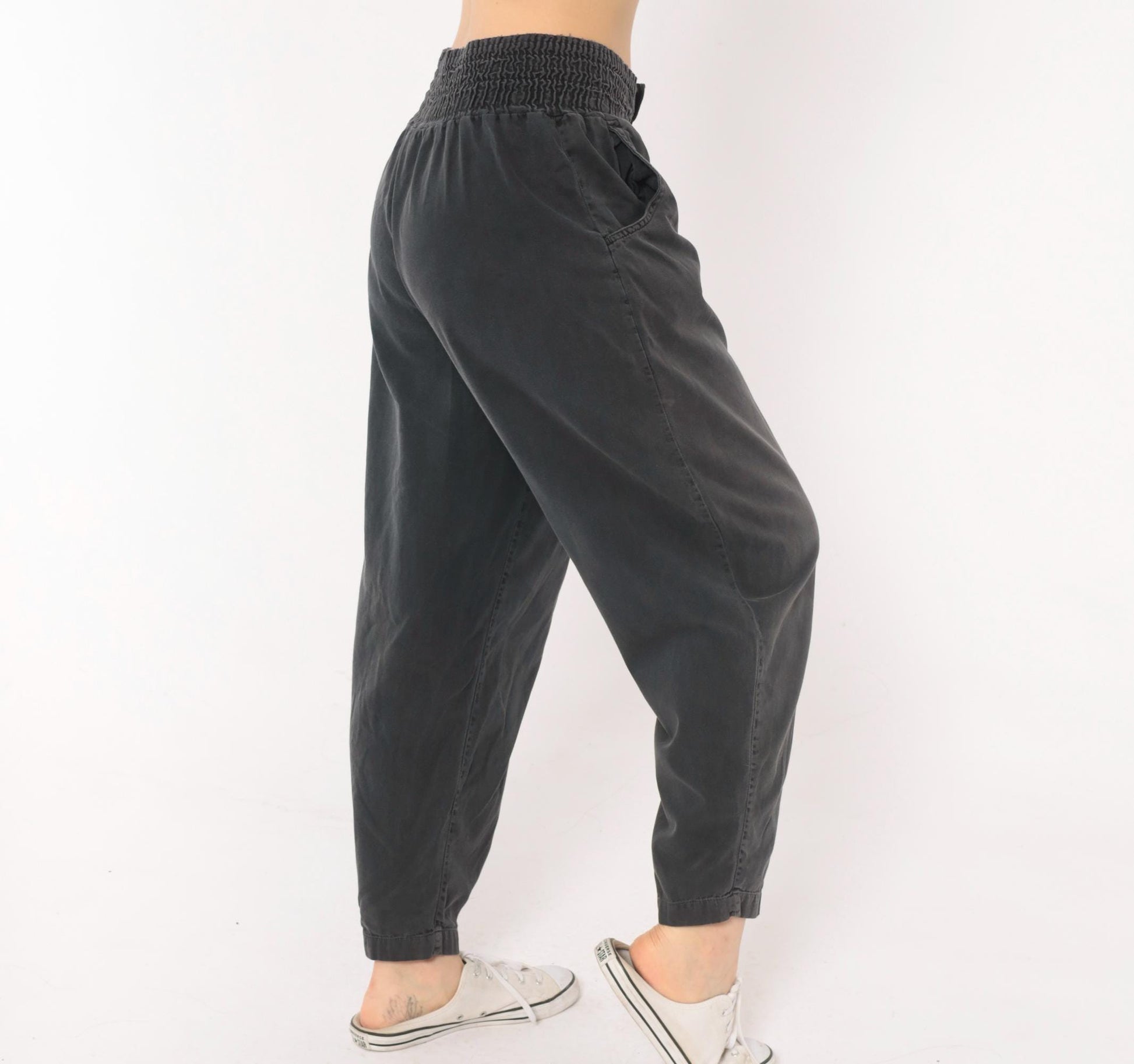 90s Smocked Waist Tapered Trouser Grey Cotton High Rise Button Fly Medium M