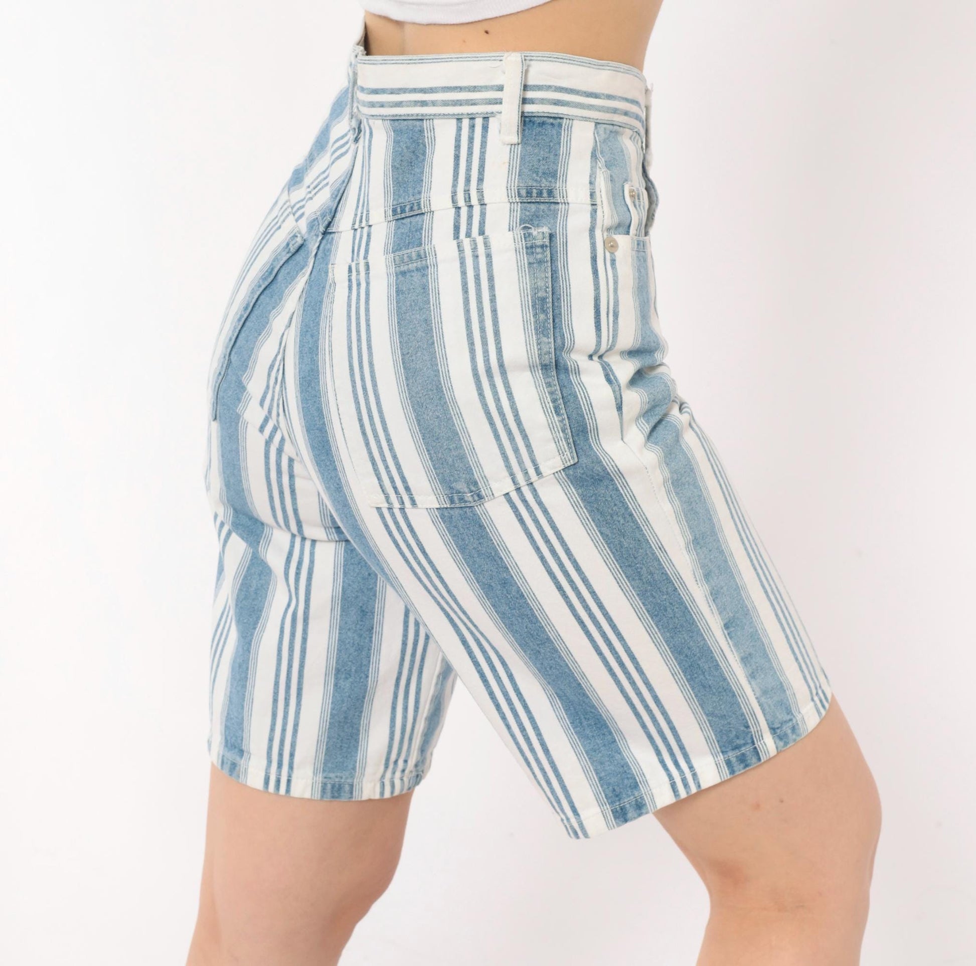 90s Mixed Blues Striped Denim Shorts High Waist Bermuda Blue White Cotton XS