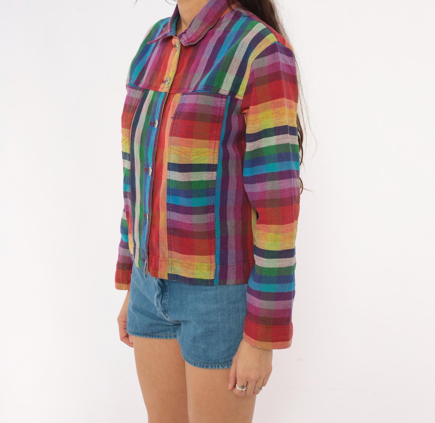 Y2K Chico's Design Rainbow Plaid Cropped Jacket Cotton Small S