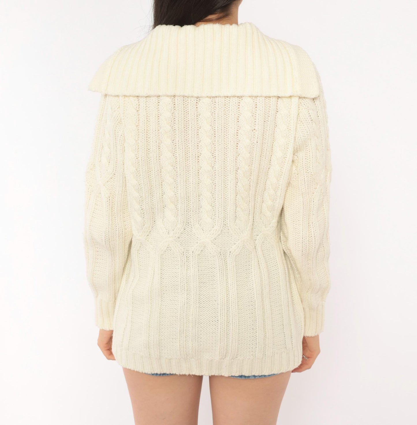 70s Exclusive Imports Cable Knit Cardigan Cream Fold-Over Collar Large L