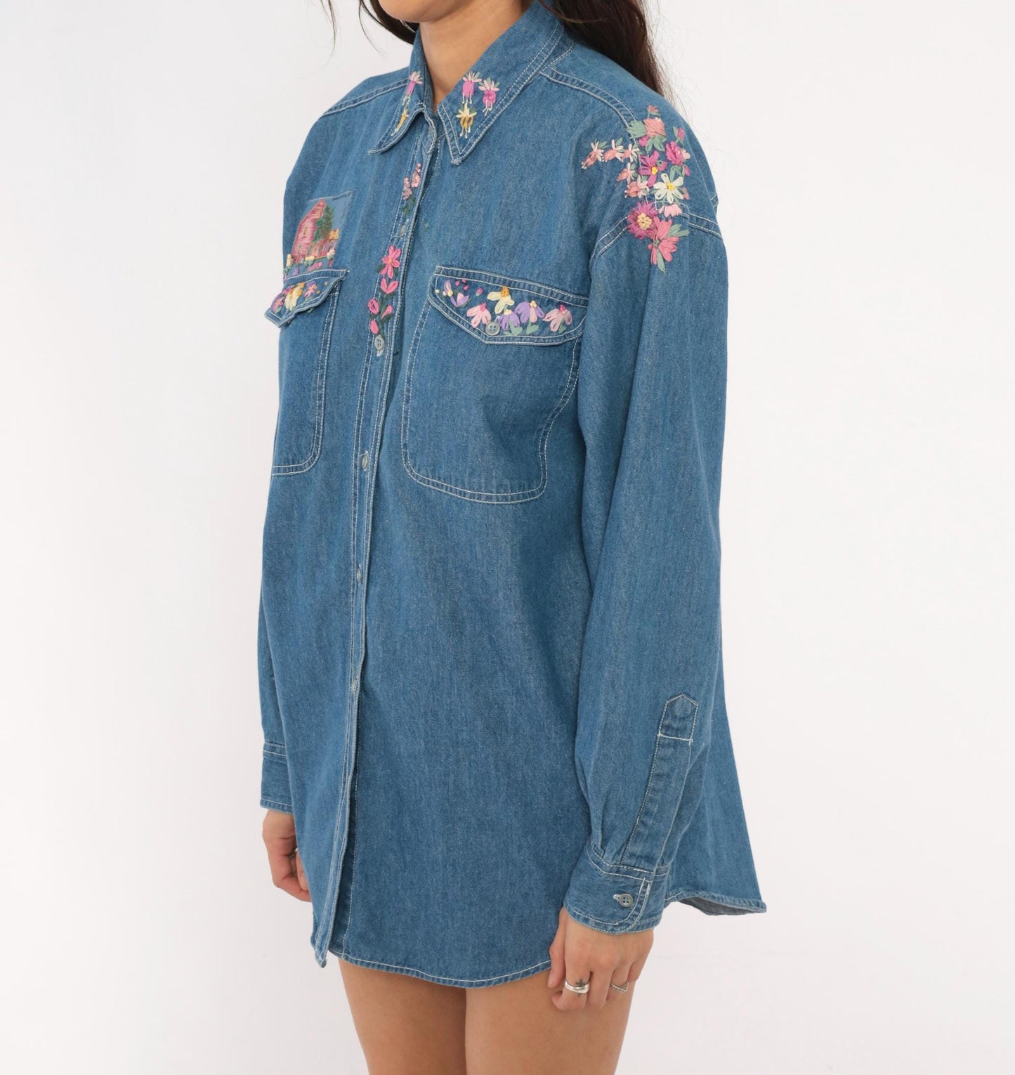 90s Short Circuit Blues Denim Shirt Hand-Painted Floral Garden Multicolor Large L