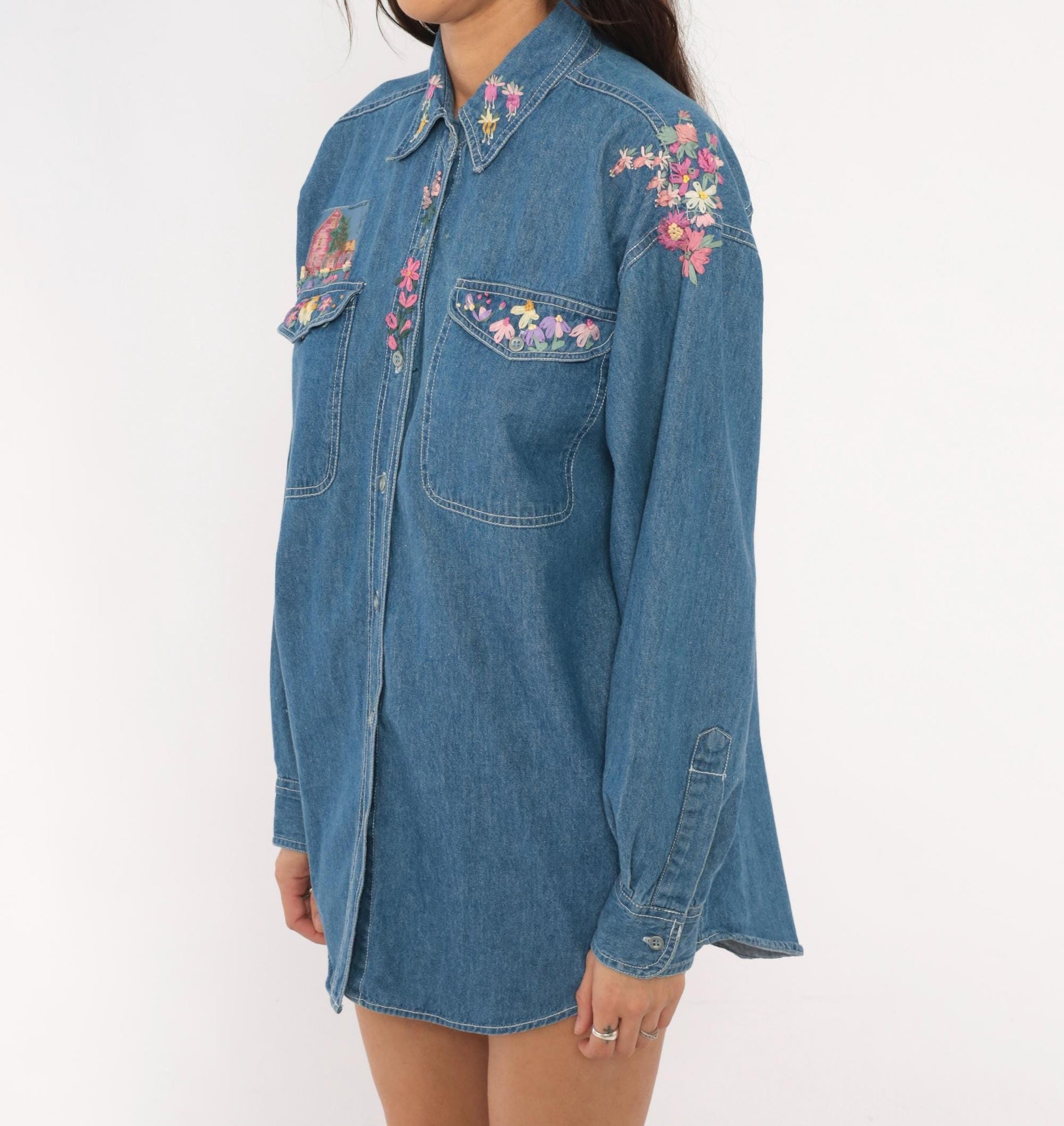 90s Short Circuit Blues Denim Shirt Hand-Painted Floral Garden Multicolor Large L