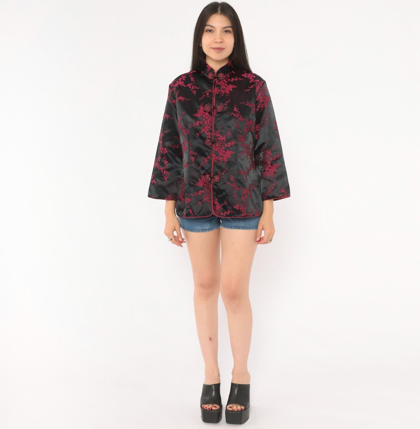 90s King Hu Black Brocade Jacket Cherry Blossom Mandarin Collar Large L