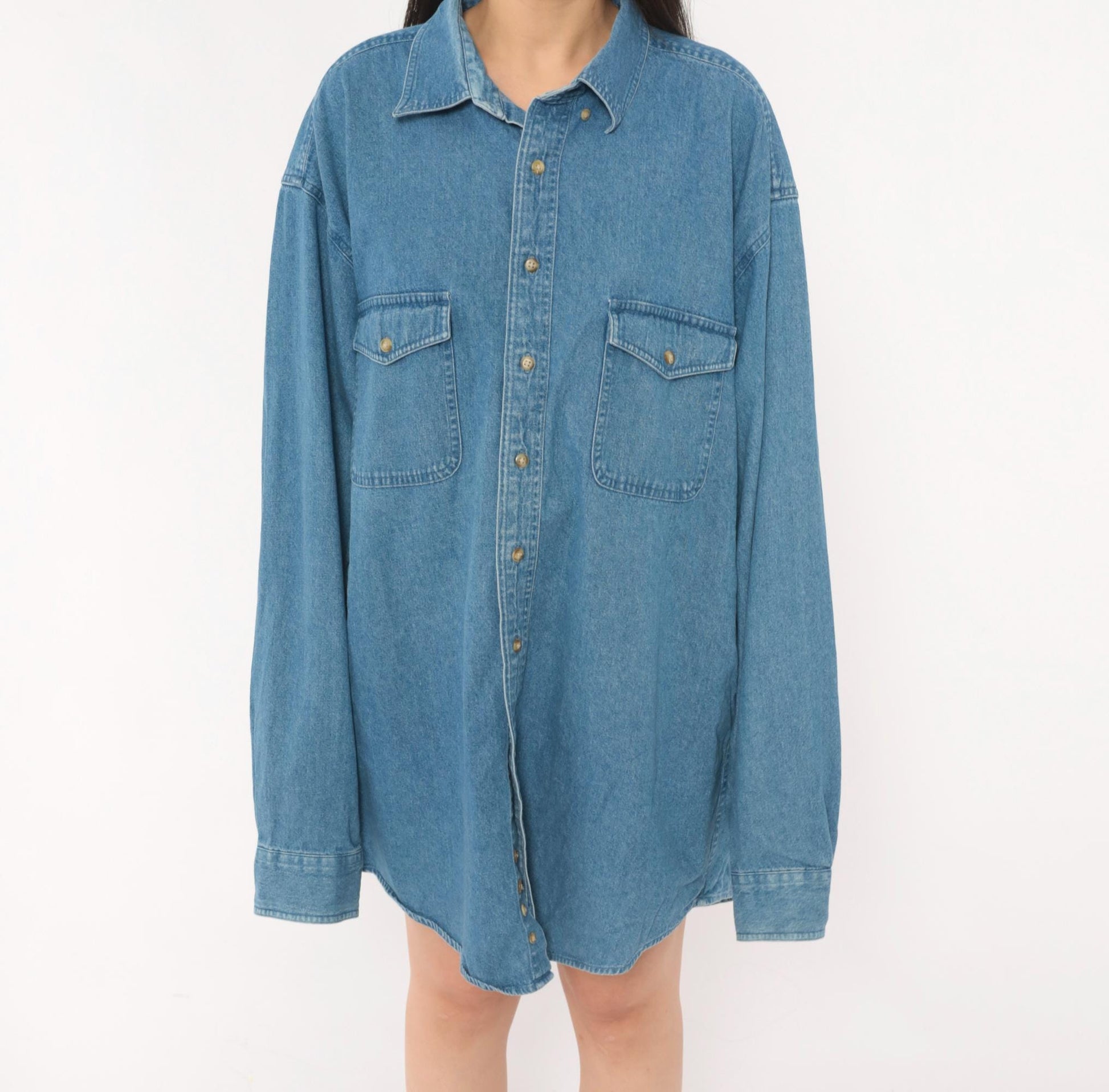 2000s Croft & Barrow Denim Button-Down Shirt Blue Chambray Large Tall
