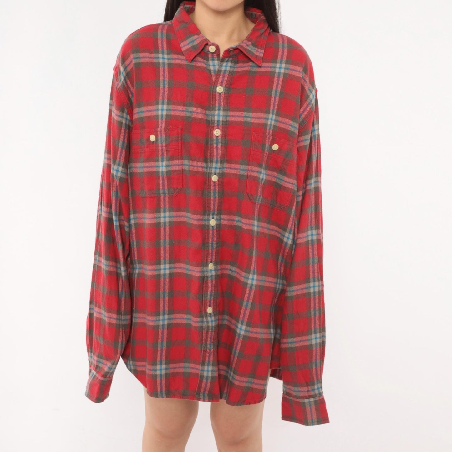 2000s J.Crew Red Plaid Flannel Button-Up Shirt Cotton Grey Blue Check Extra Large XL