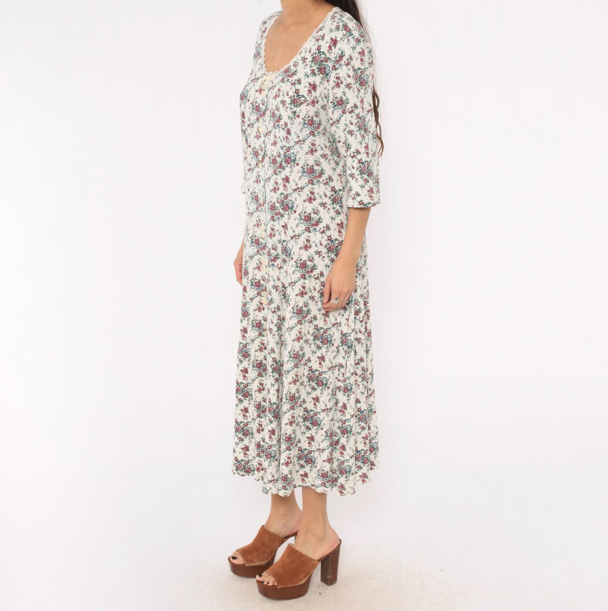 90s More En Focus Floral Midi Dress Bell Sleeve White Burgundy Large L
