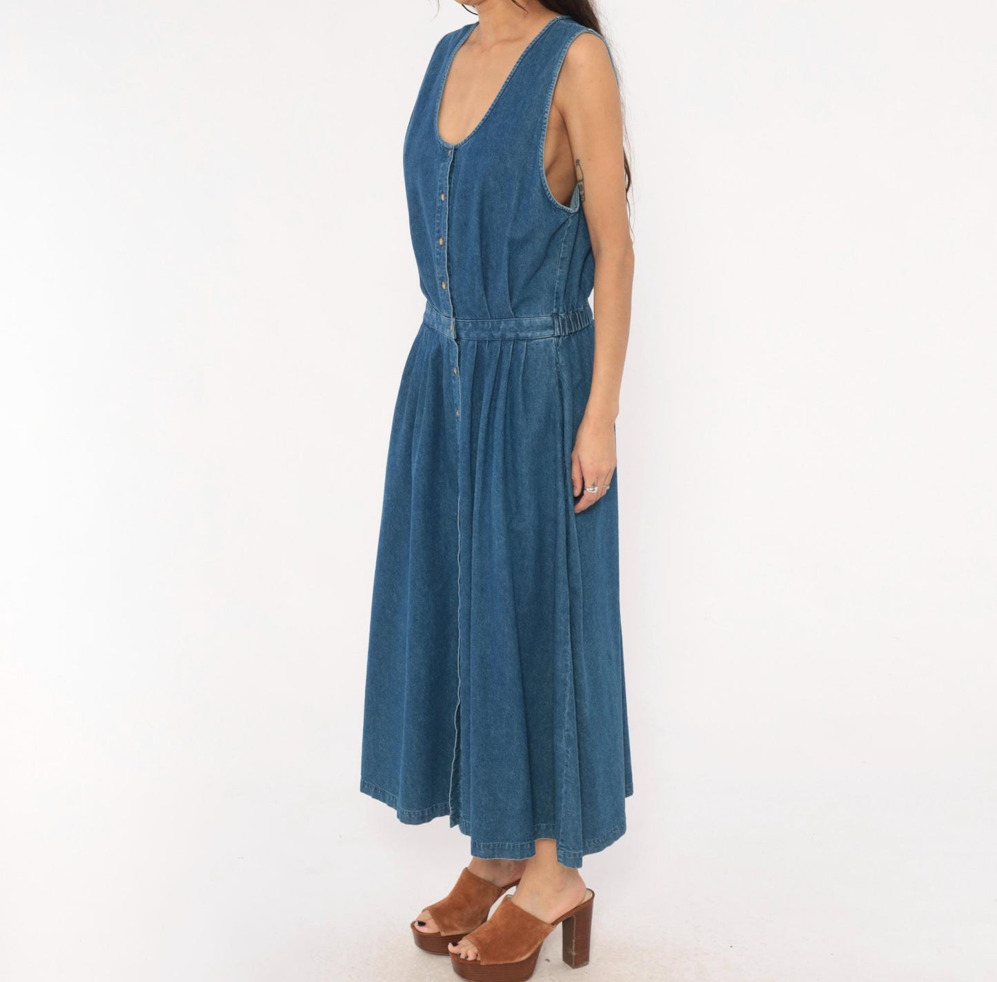 90s Eddie Bauer Denim Maxi Dress Sleeveless Button Front Blue Cotton Large L