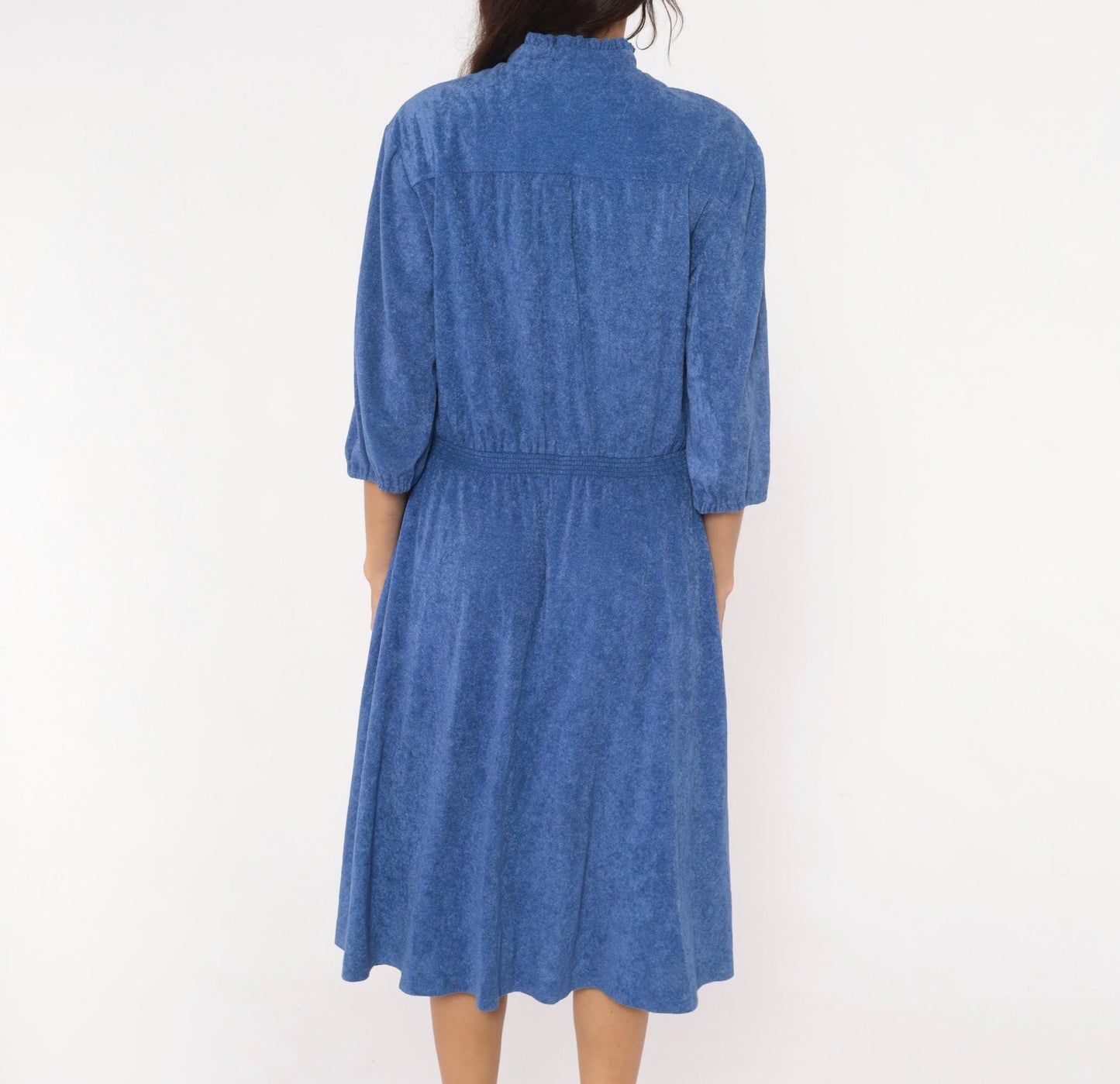 1970s Cobalt Terry Cloth Dress Tie Neck Puff Sleeve Flared Midi Large L