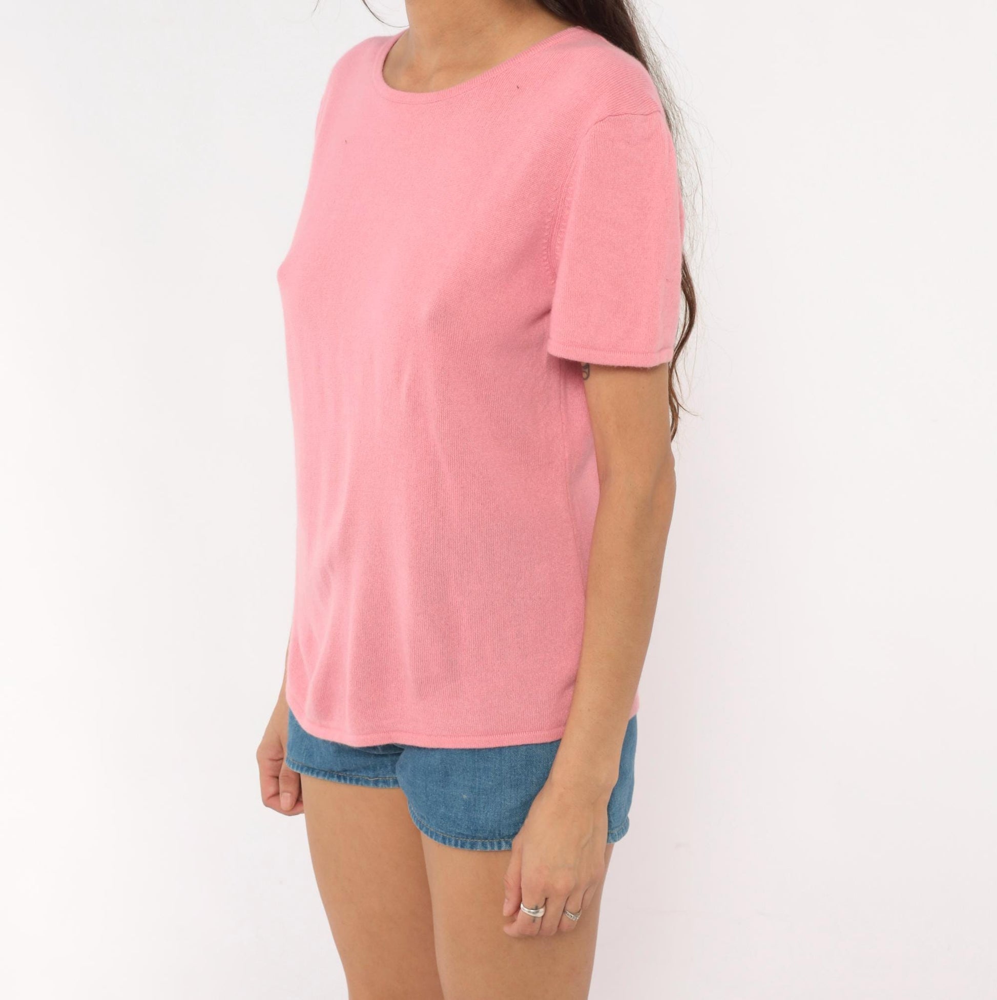 Y2K Rose Silk Cashmere Knit Tee Pink Scoop Neck Short Sleeve Large L