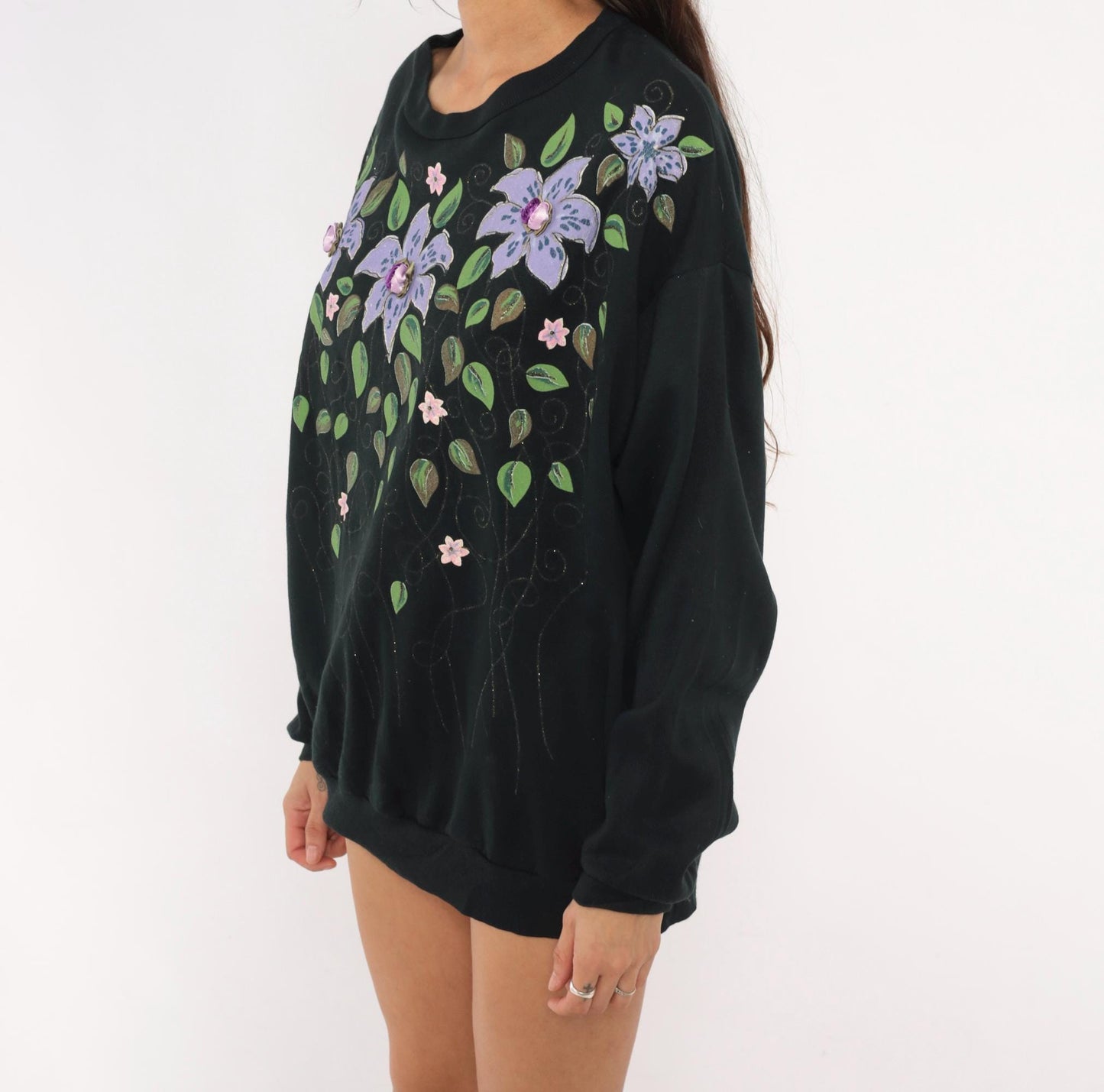 90s Cristin Stevens Floral Sweatshirt Black Purple Lily Jeweled Crewneck Large L