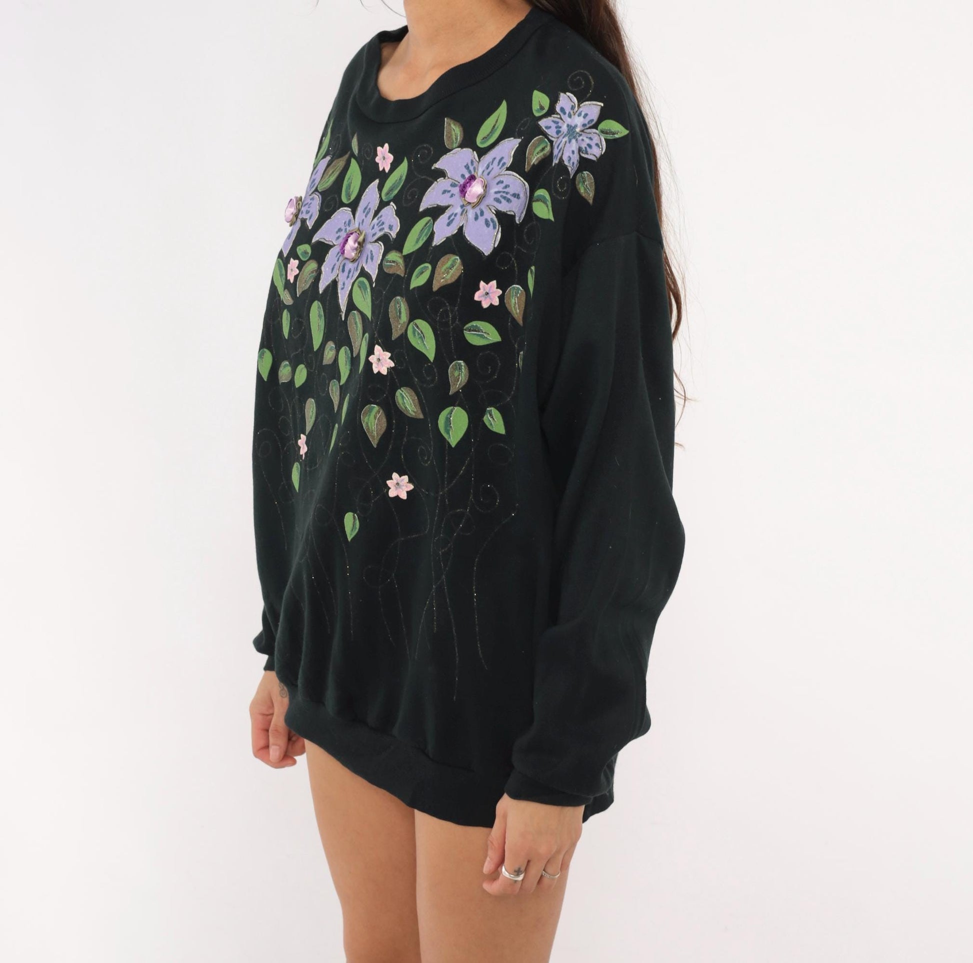 90s Cristin Stevens Floral Sweatshirt Black Purple Lily Jeweled Crewneck Large L