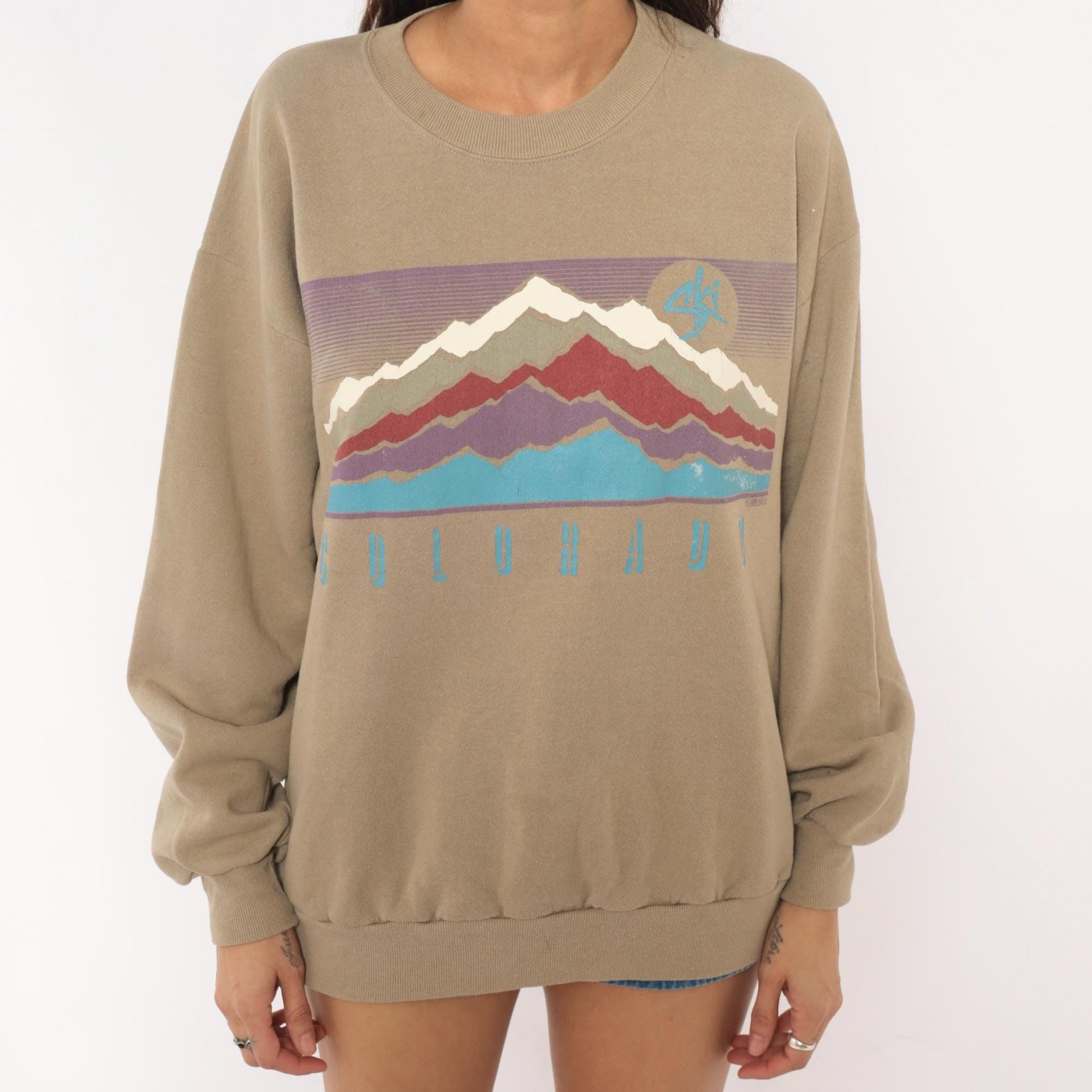 90s Jerzees Colorado Mountain Graphic Sweatshirt Tan Large L