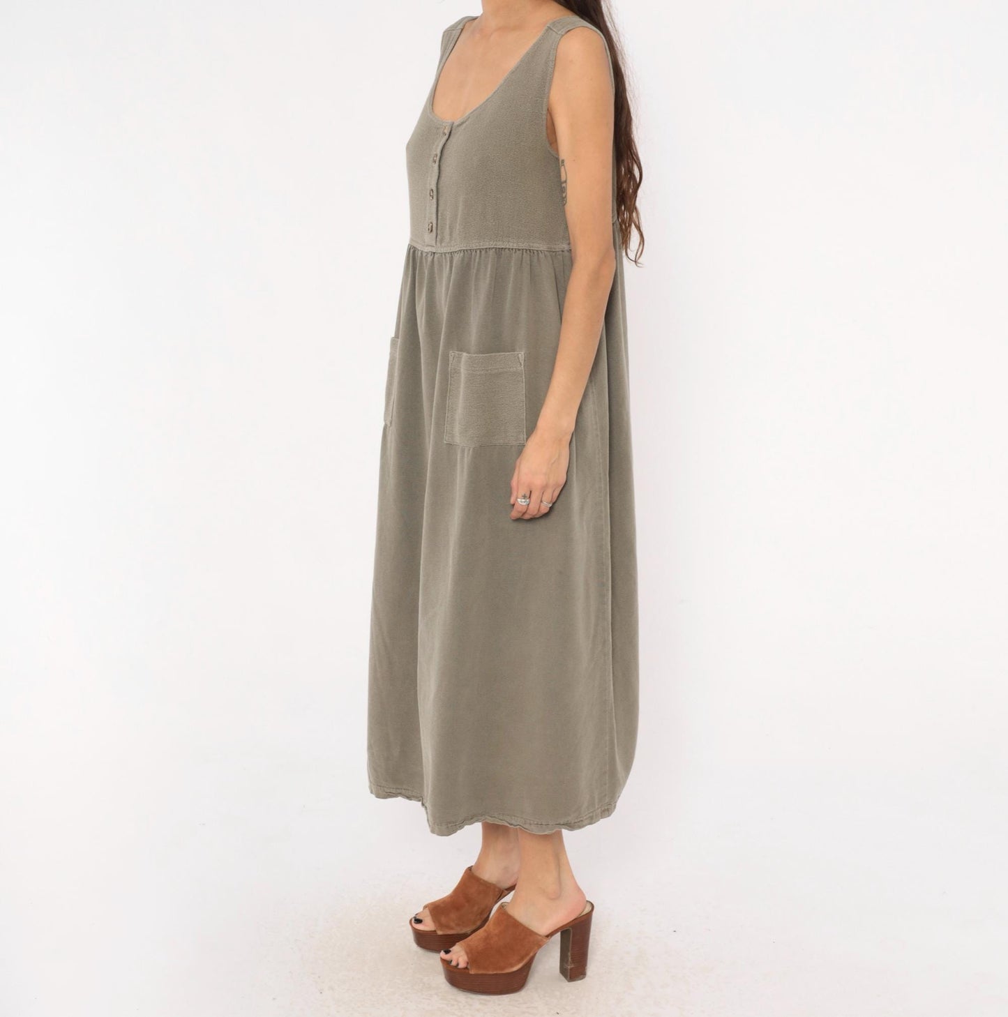 90s Cotton Stuff Classics Maxi Dress Grey Sleeveless Button Front Large L