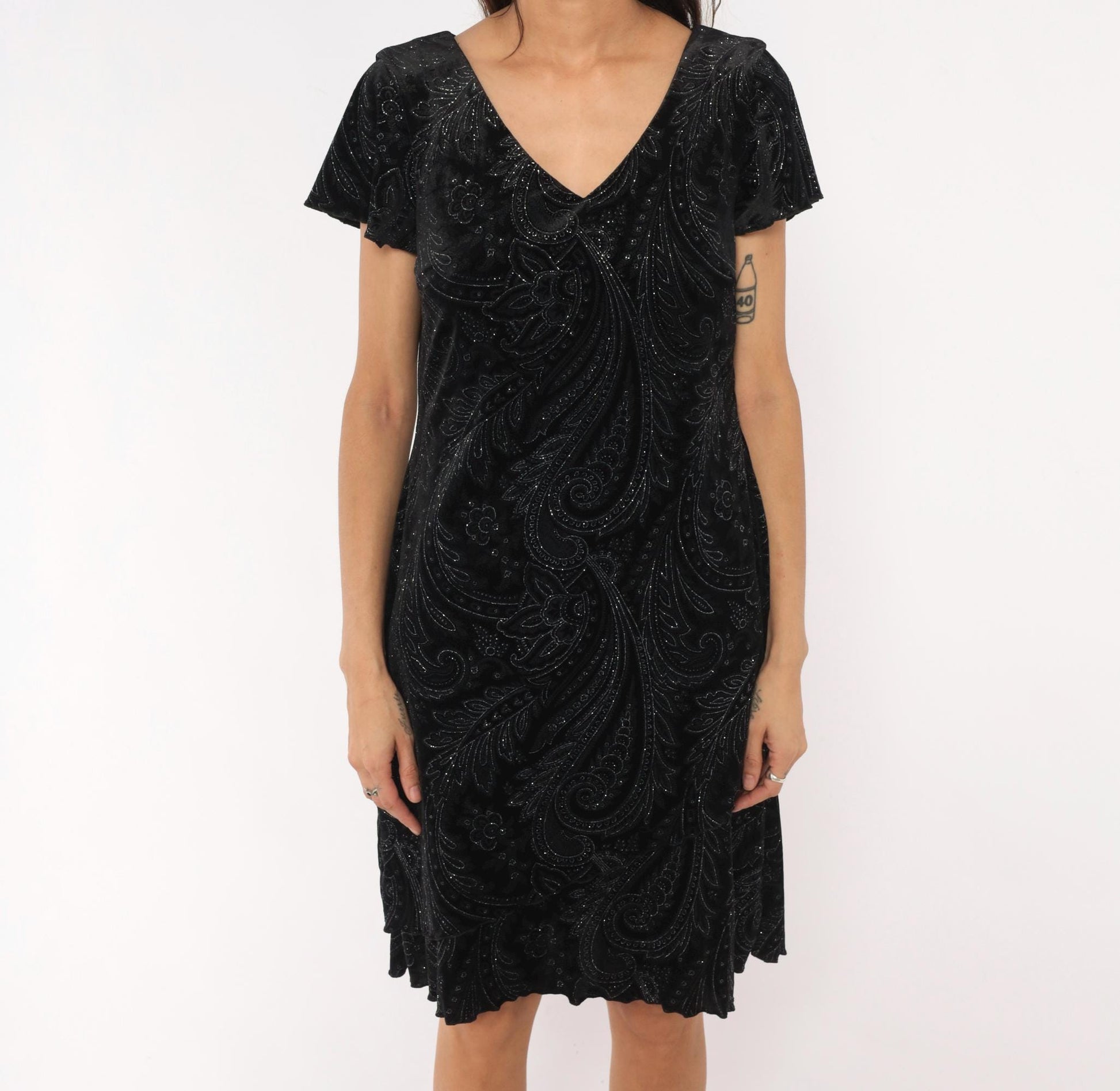 90s S.L. Fashions Black Velvet Paisley Glitter Dress Flutter Sleeve Medium Petite