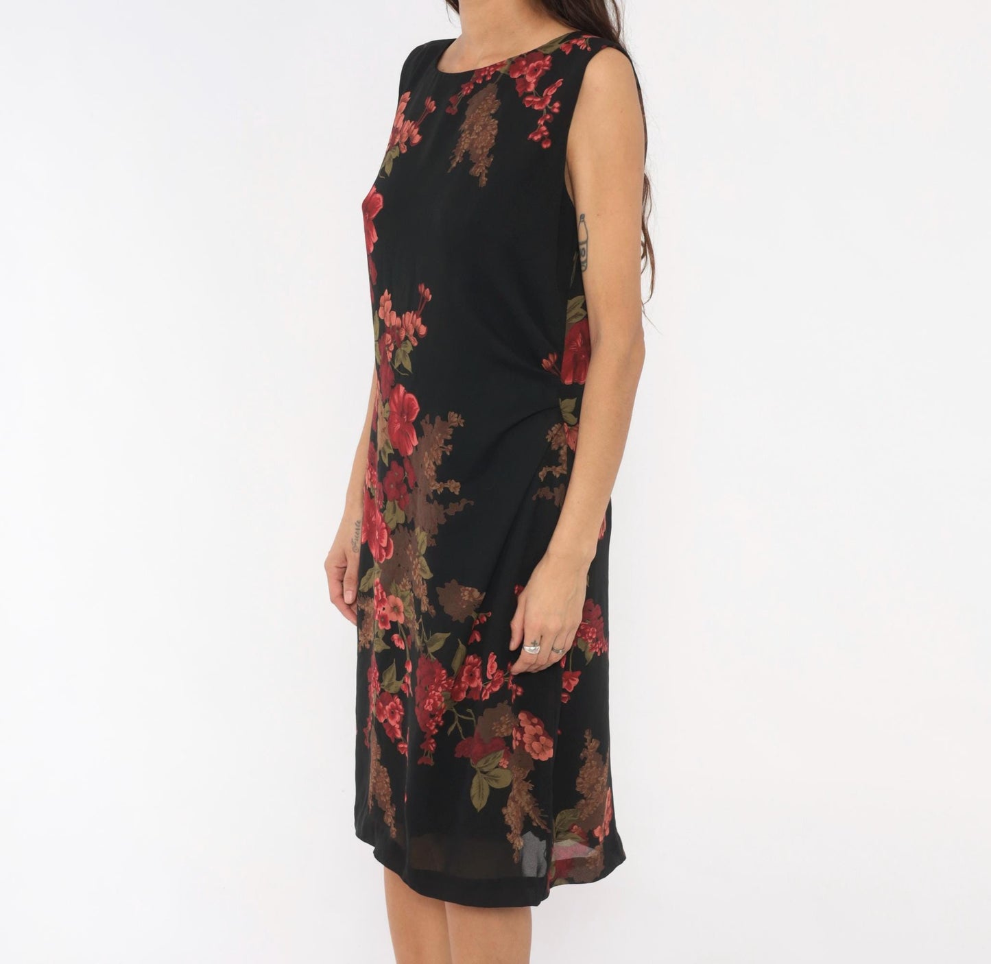 90s David Warren Floral Shift Dress Black Red Roses Knee-Length Large L