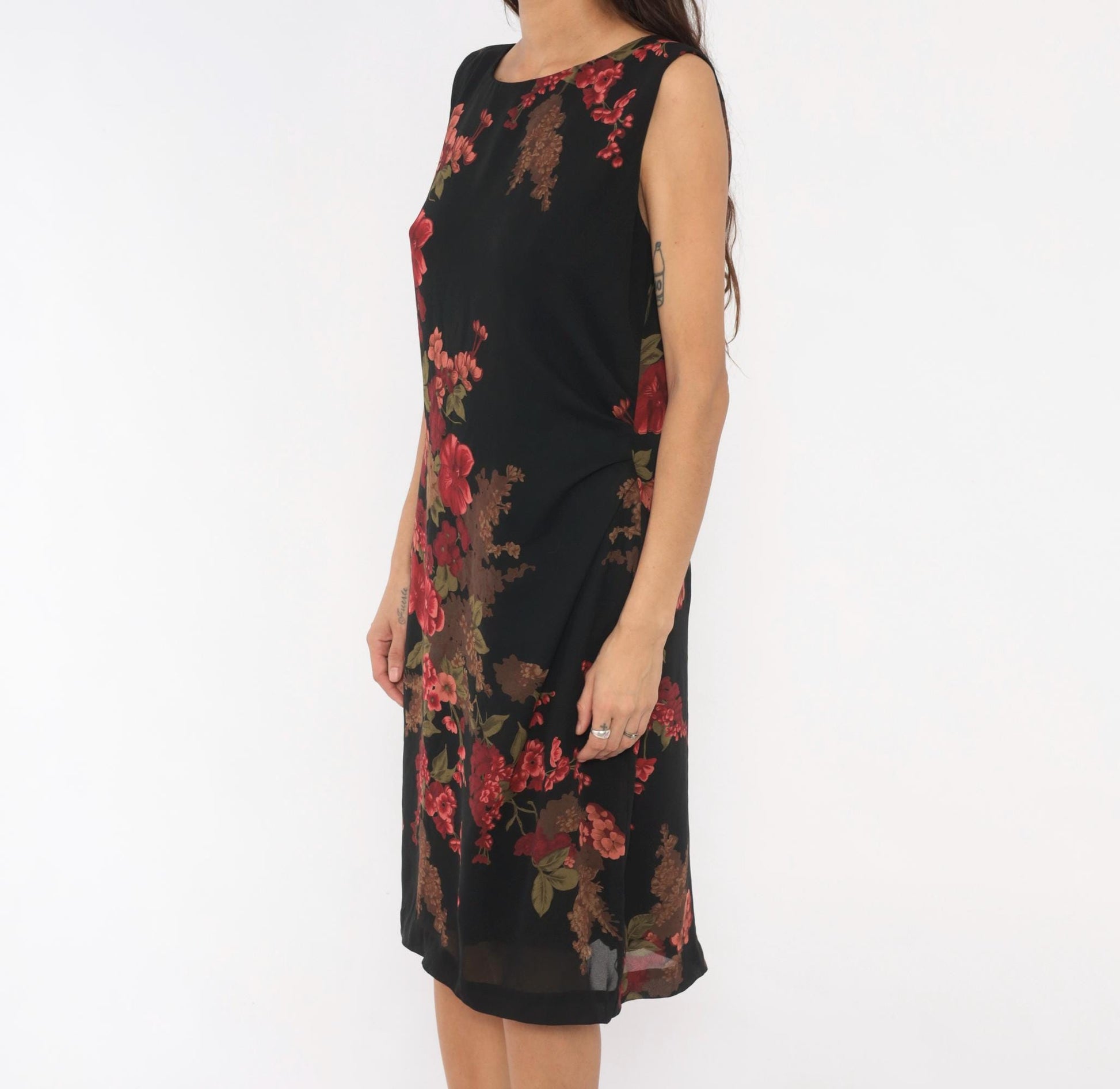 90s David Warren Floral Shift Dress Black Red Roses Knee-Length Large L