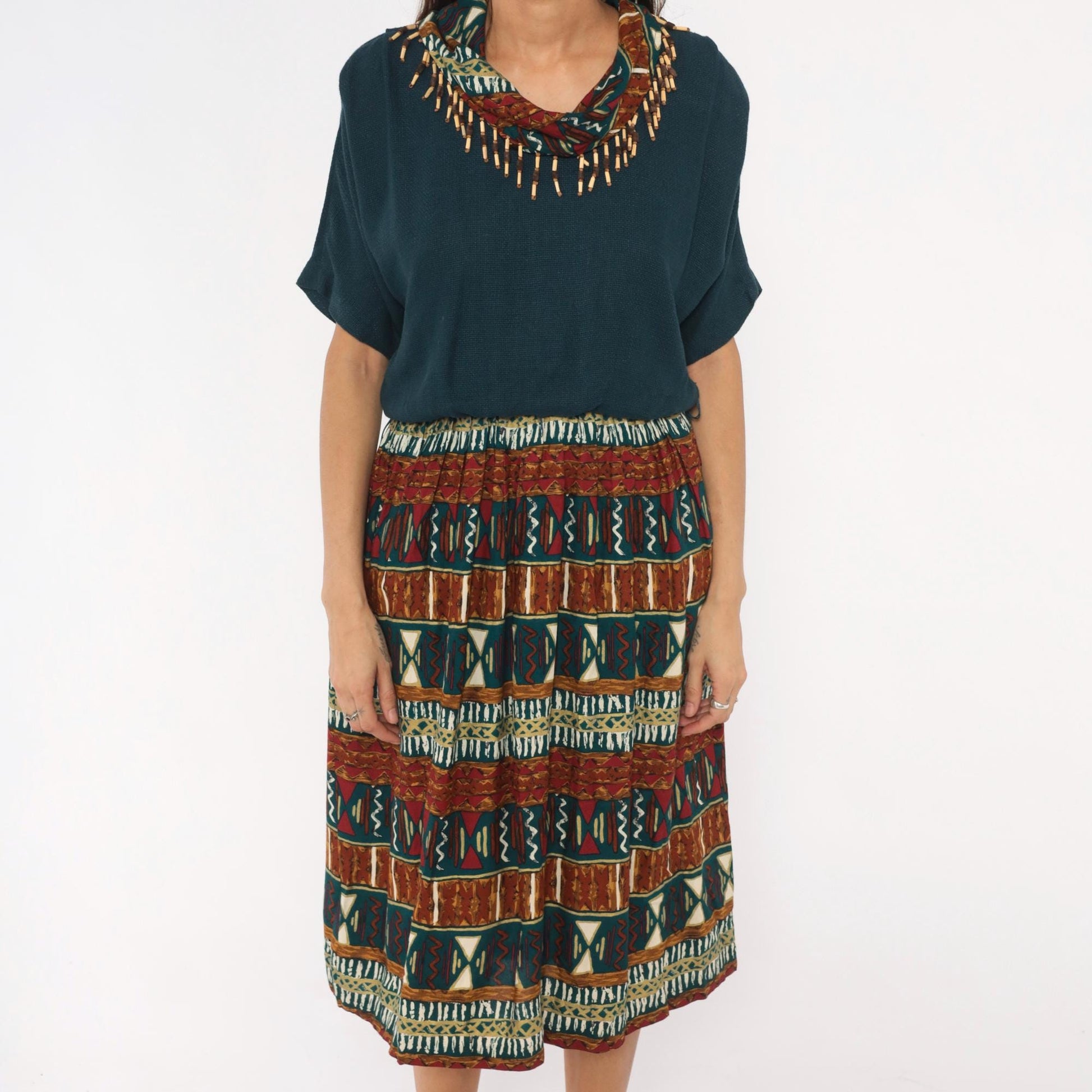 90s Stuart Alan Petites Tribal Print Dress Teal Burgundy Midi V Neck Medium