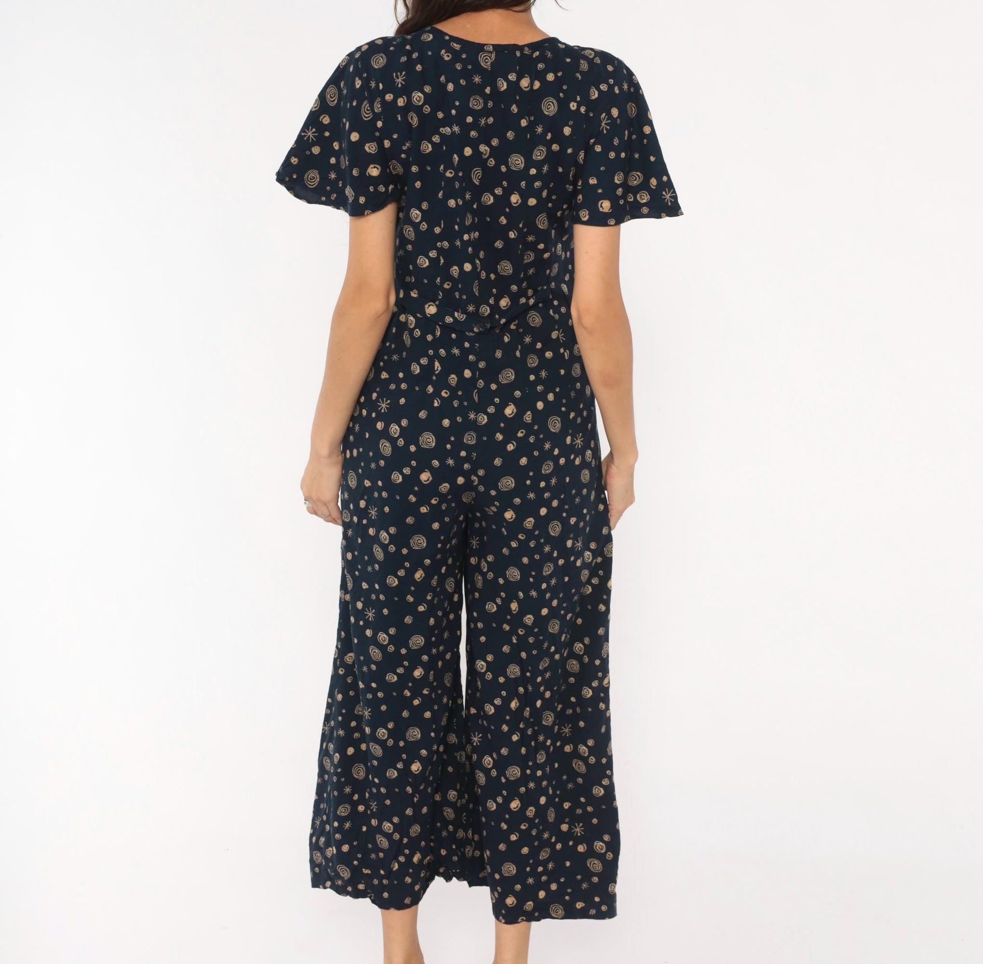 90s Darian Petites Celestial Jumpsuit Navy Tan Star Print Wide Leg Medium M