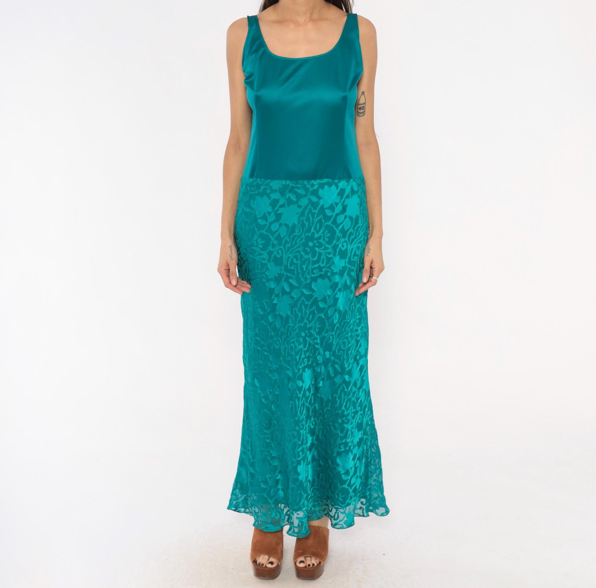 Y2K Cattiva Teal Silk Burnout Maxi Dress Floral Devore Scoop Neck Medium M