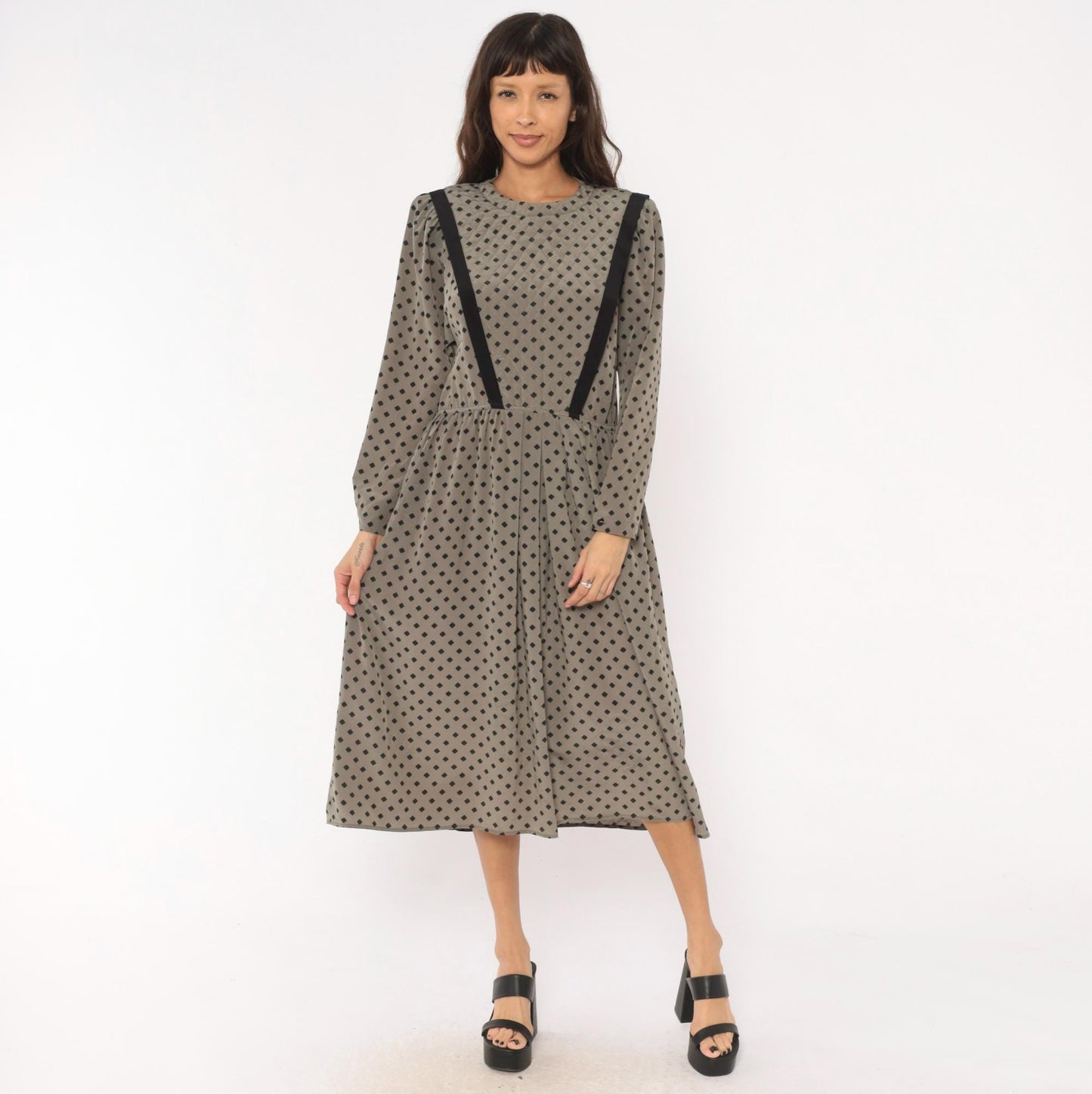 80s Donna Morgan Diamond Print Midi Dress Grey Balloon Sleeve Medium M