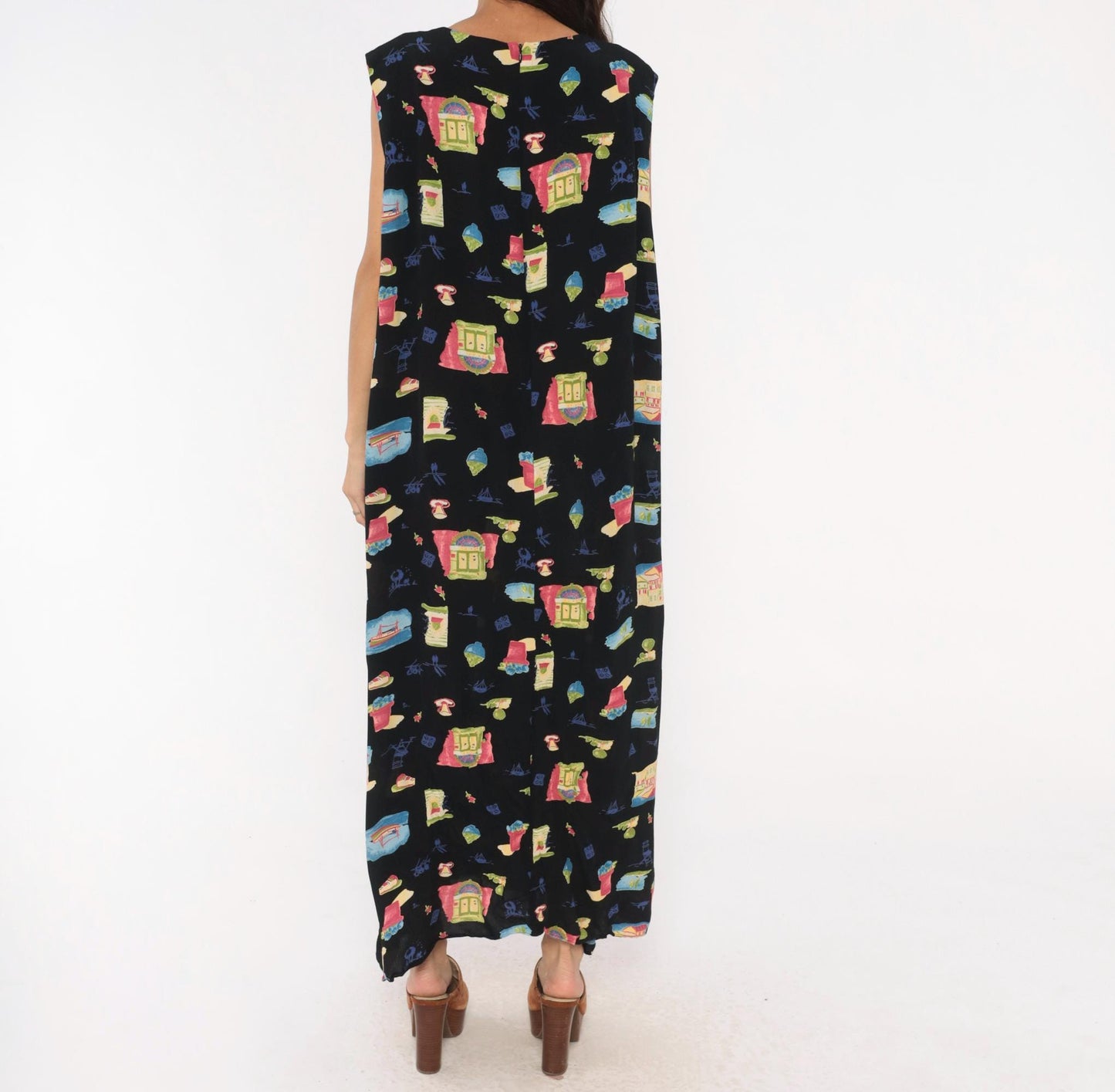 90s Positive Attitude Village Print Maxi Dress Black Plus Size 1X