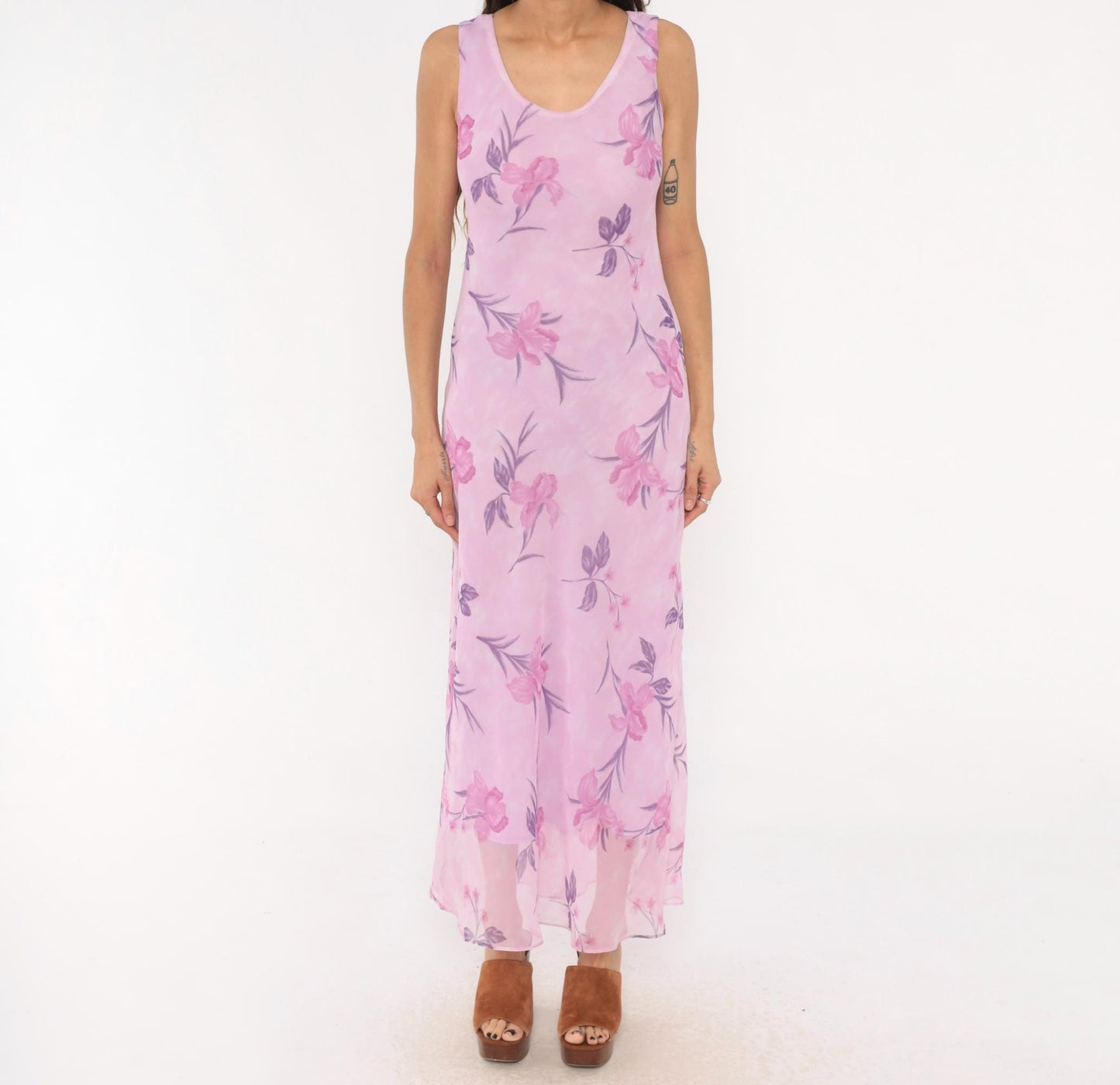 90s Sharon Max Lilac Floral Chiffon Maxi Dress Sleeveless Scoop Neck Small S