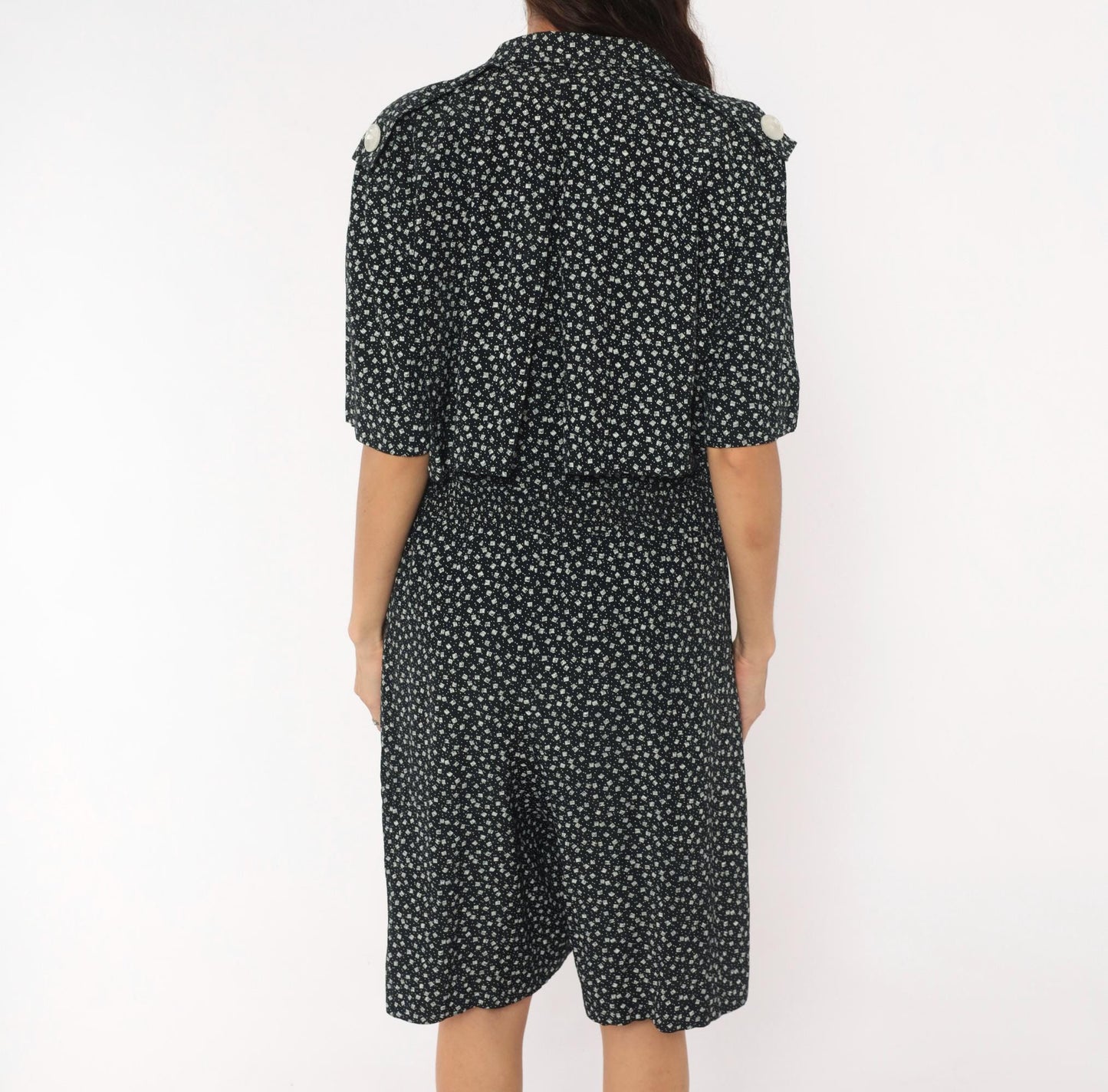 90s SL Fashions Black White Floral Romper Double Breasted Notched Collar Large L