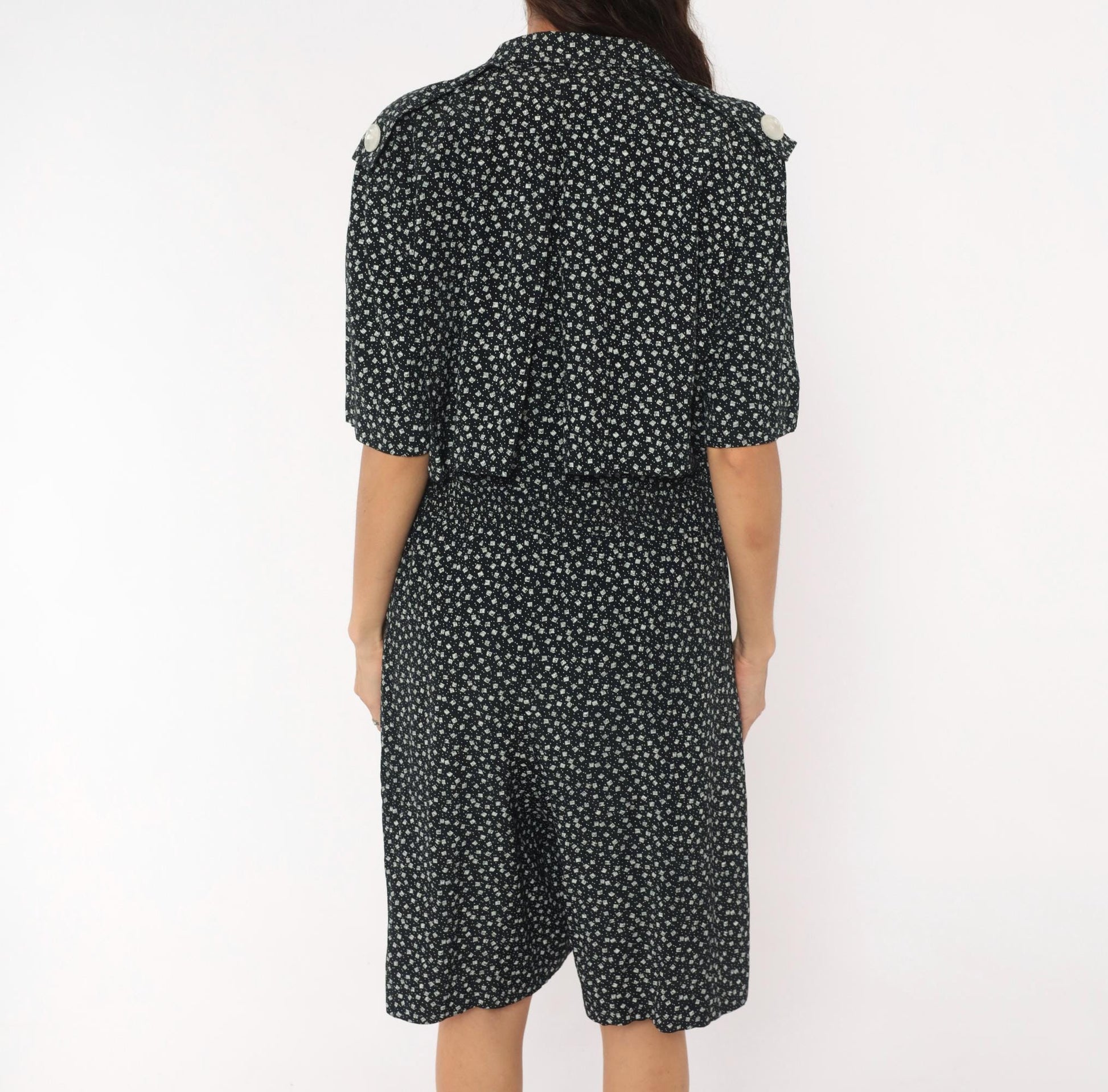 90s SL Fashions Black White Floral Romper Double Breasted Notched Collar Large L