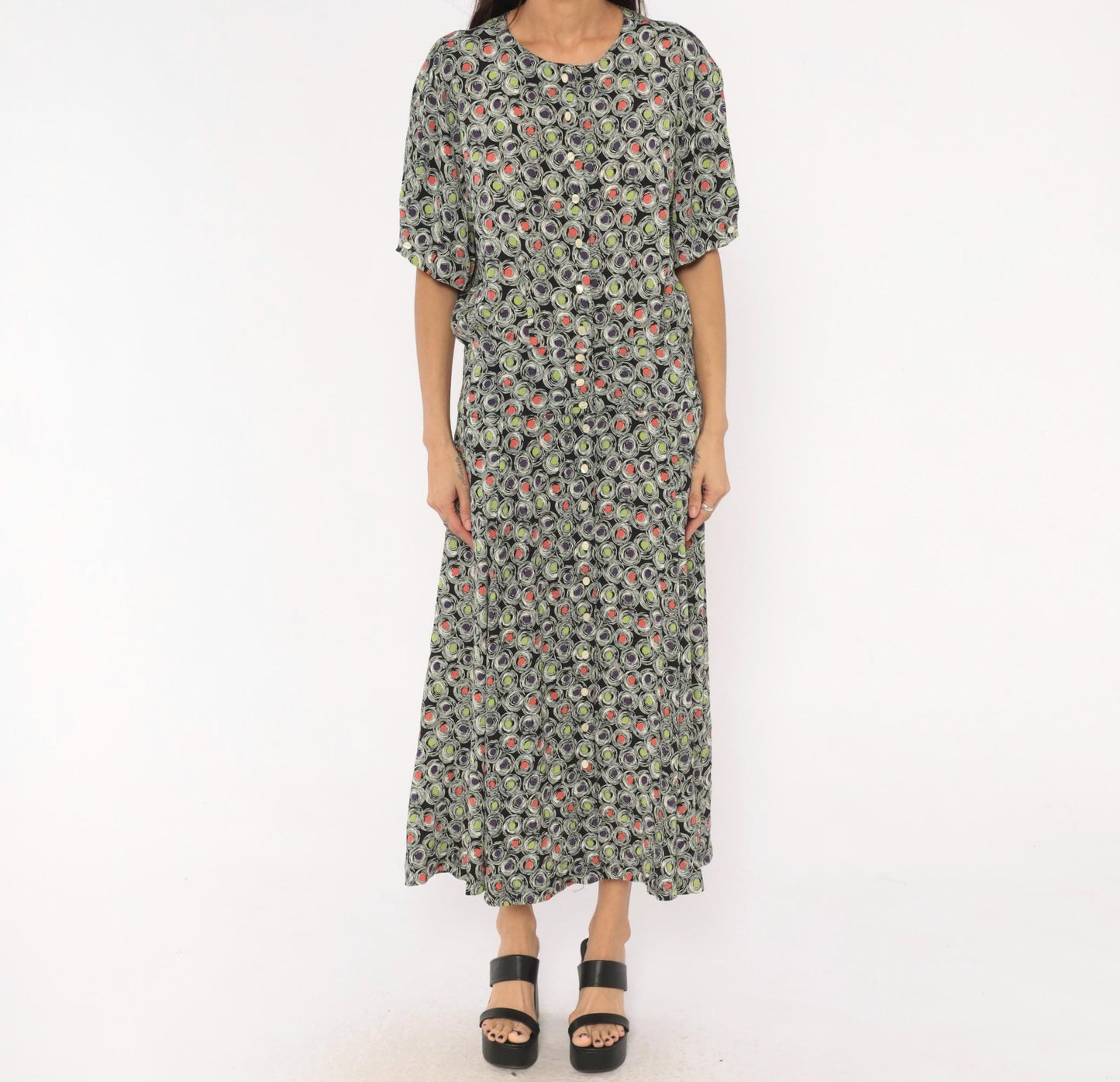 90s Liz Claiborne Maxi Dress Abstract Swirl Print Black Purple Green Coral Large L