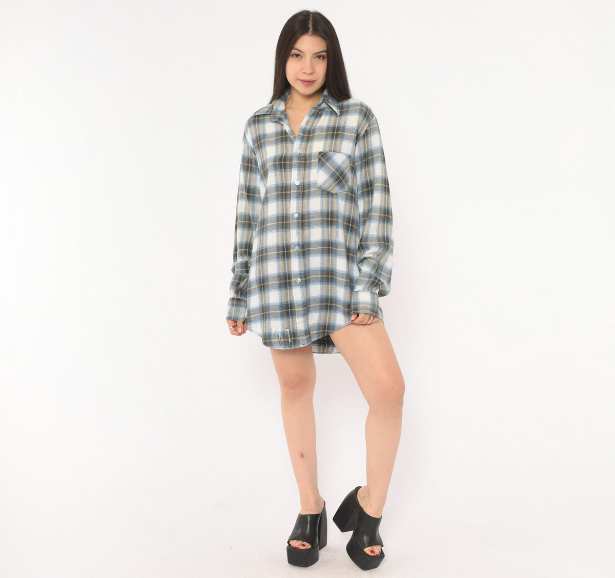 80s Sears Sportswear Plaid Flannel Shirt Blue White Cotton Button-Up Medium