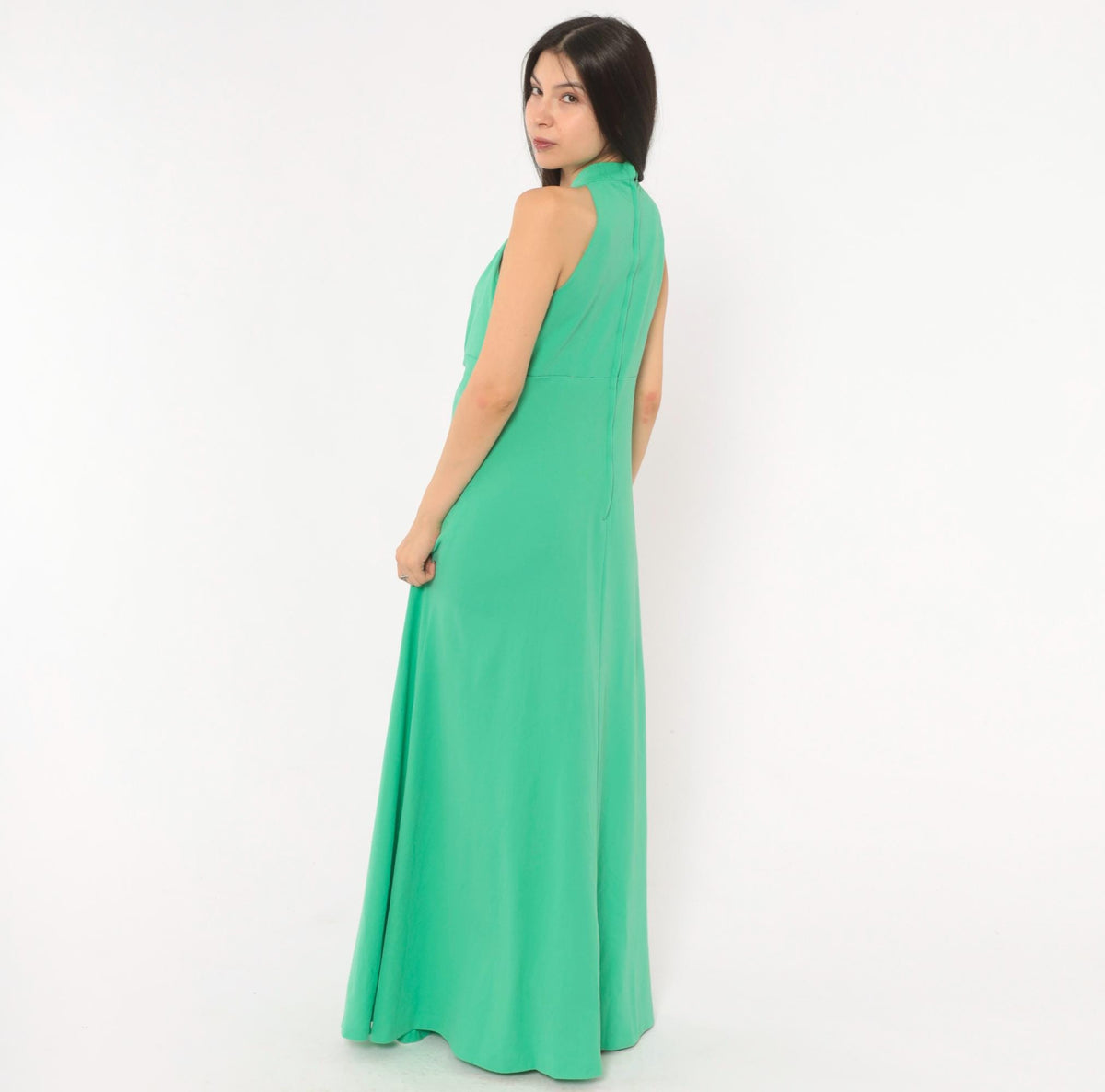 70s Mint Green Halter Maxi Dress Empire Waist Crochet Cutout V Neck Medium Large