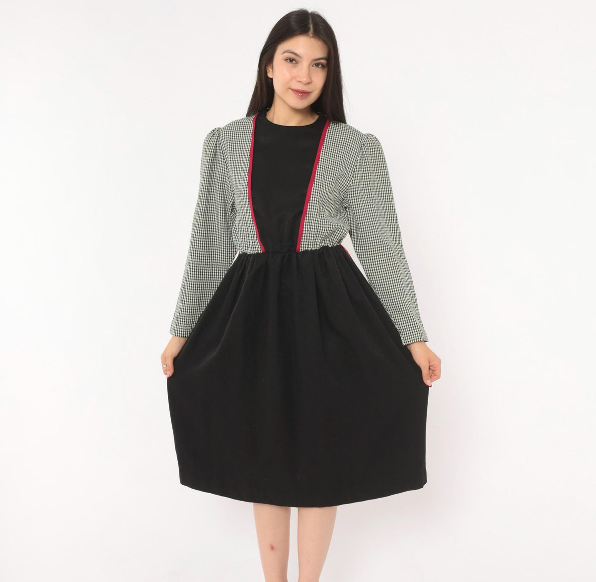 80s Houndstooth Check Dress Black White Puff Sleeve Knee Length V Panel Small