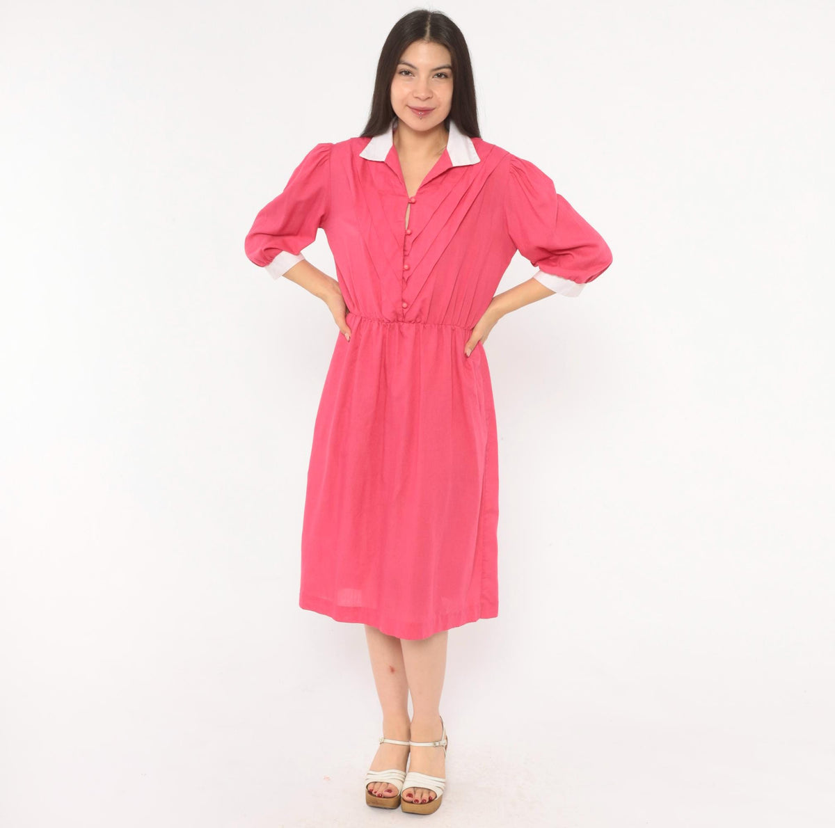 80s Fuchsia Puff Sleeve Shirtdress White Collar Pleated Bodice Pink Buttons Small Medium