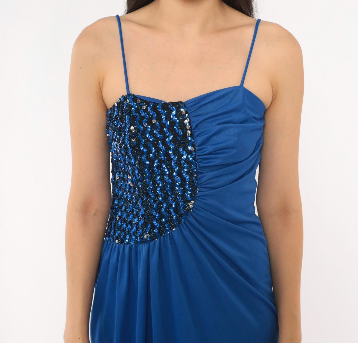 80s Cobalt Blue Sequin Spaghetti Strap Dress Knee Length Beaded Bodice Extra Small XS