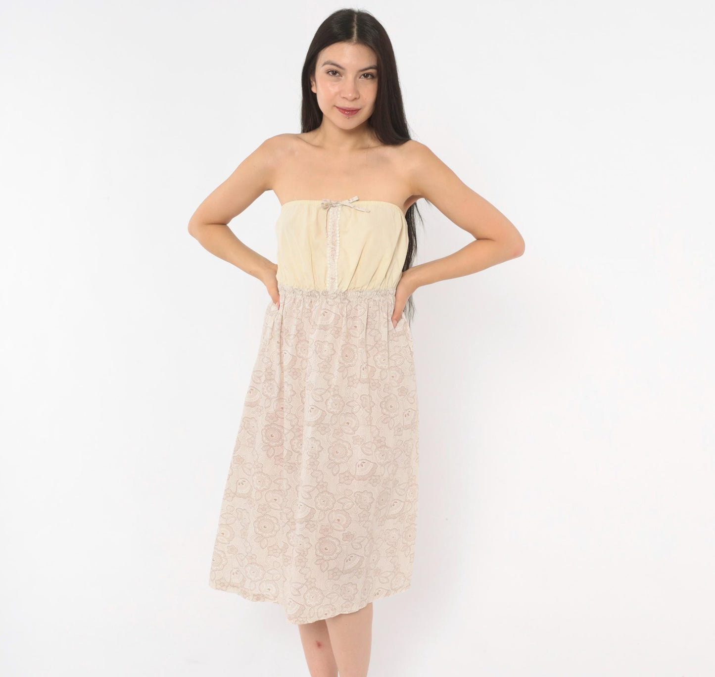 90s Cream Paisley Strapless Sundress Floral Print Lace Trim Small
