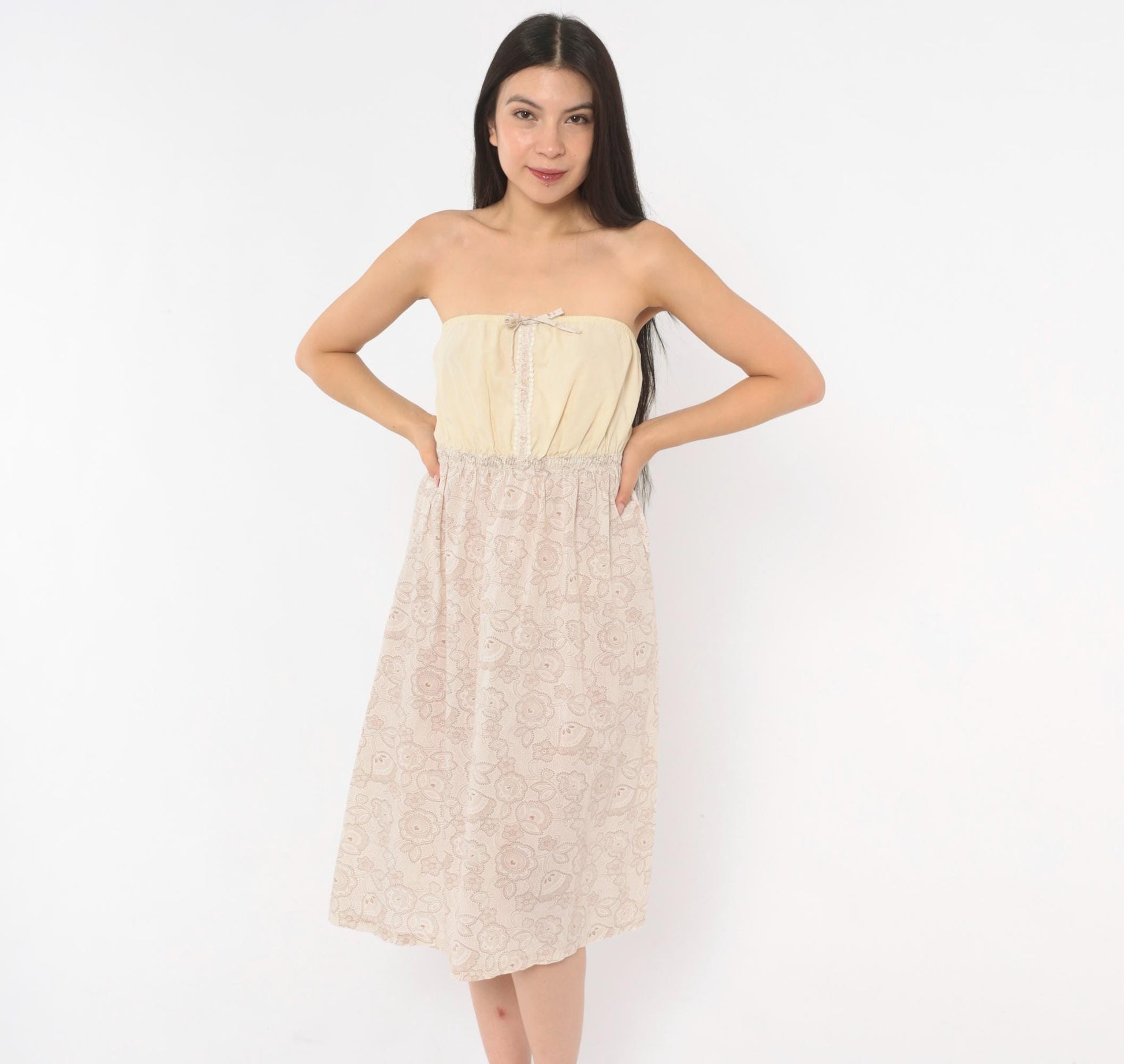 90s Cream Paisley Strapless Sundress Floral Print Lace Trim Small