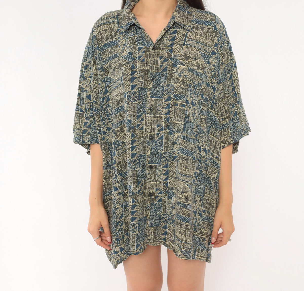 2000s Natural Issue Hawaiian Shirt Blue Cream Tribal Geometric Camp Shirt Extra Large XL