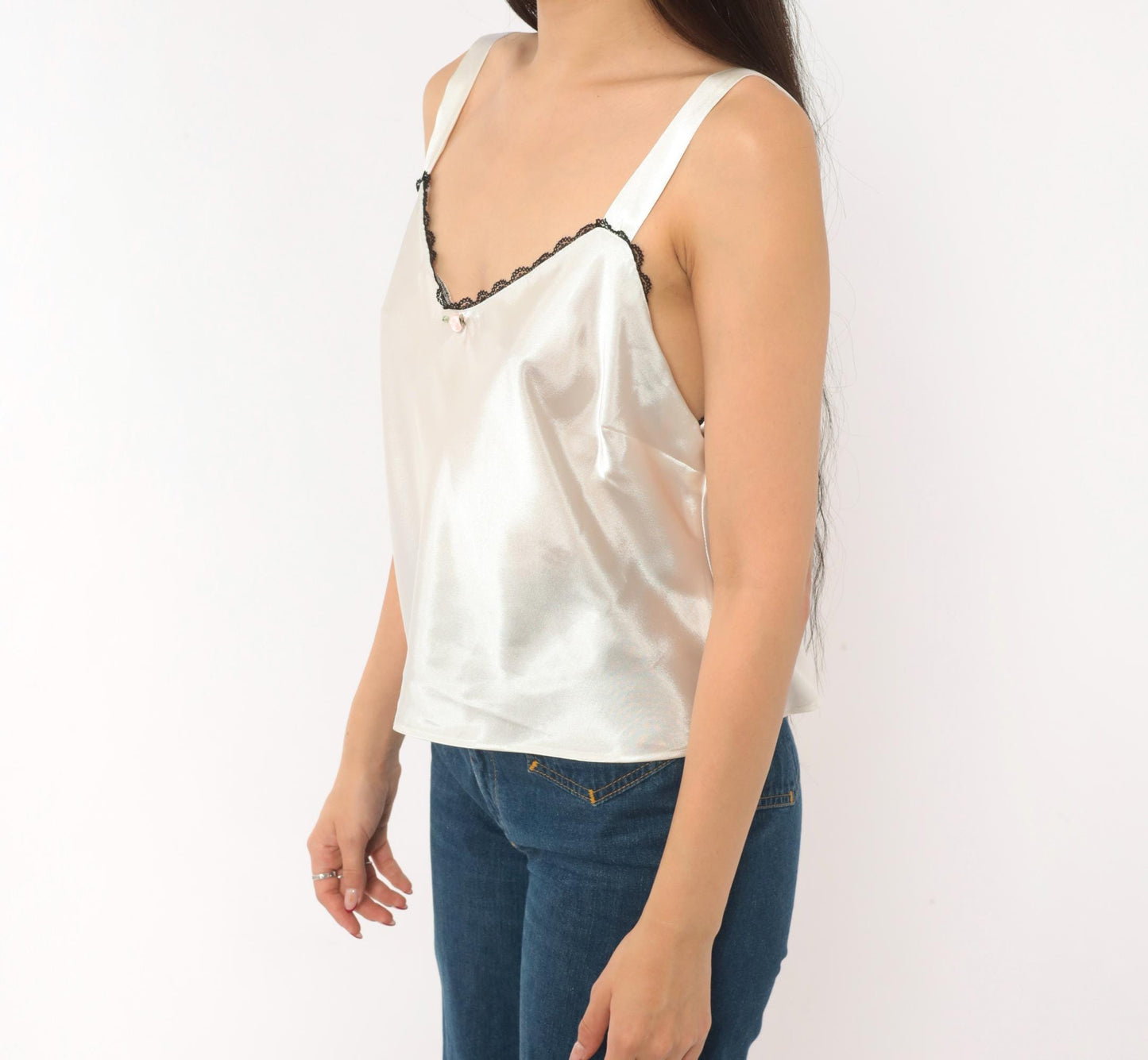 90s Studio I White Satin Cami V-Neck Black Lace Trim Pink Rose Large