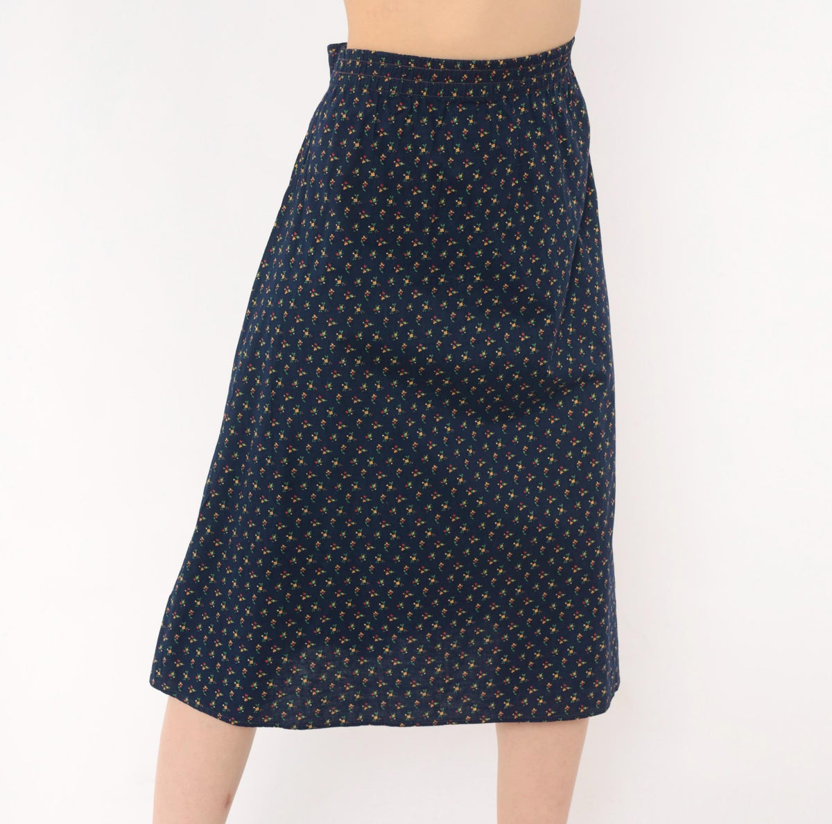 70s Faa 1st American Apparel Floral A-Line Skirt Navy Cotton Knee Length Large