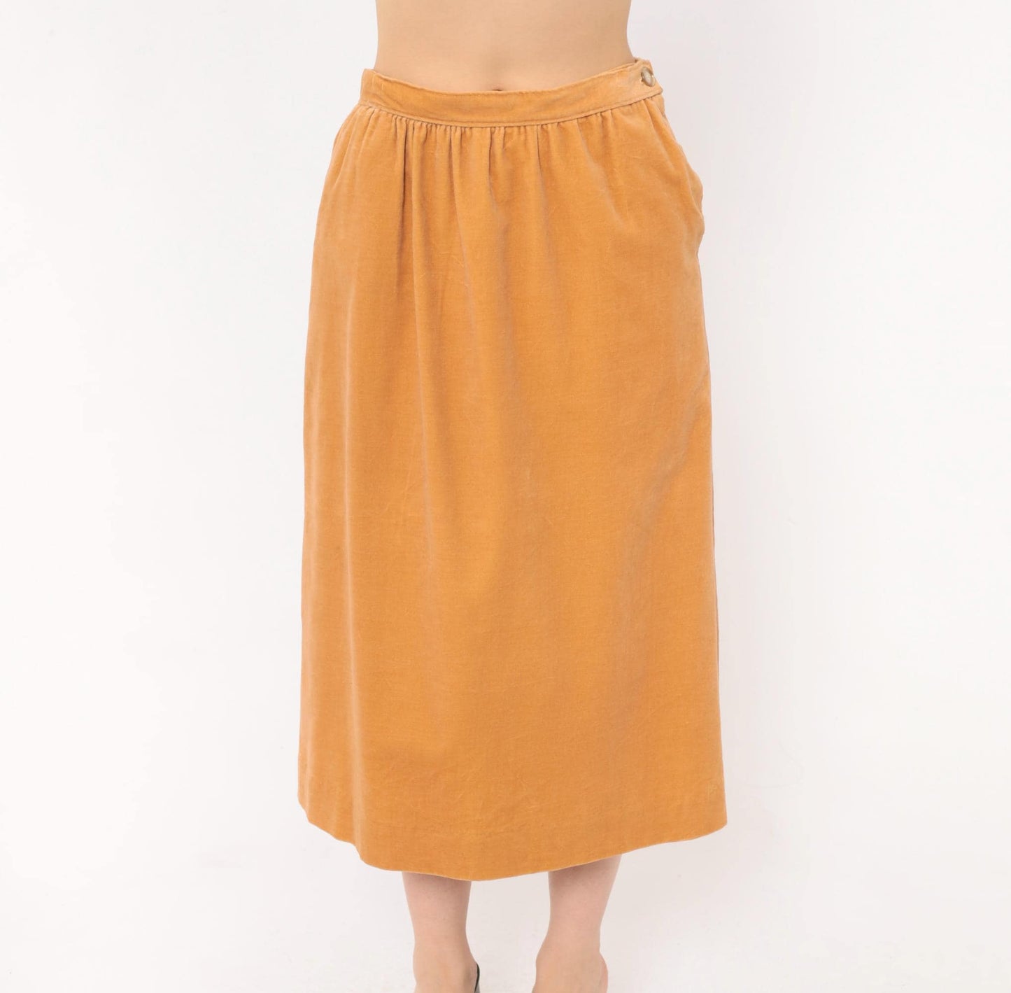 80s Evan Picone Velvet Midi Skirt Camel A-Line Button Pockets Medium M