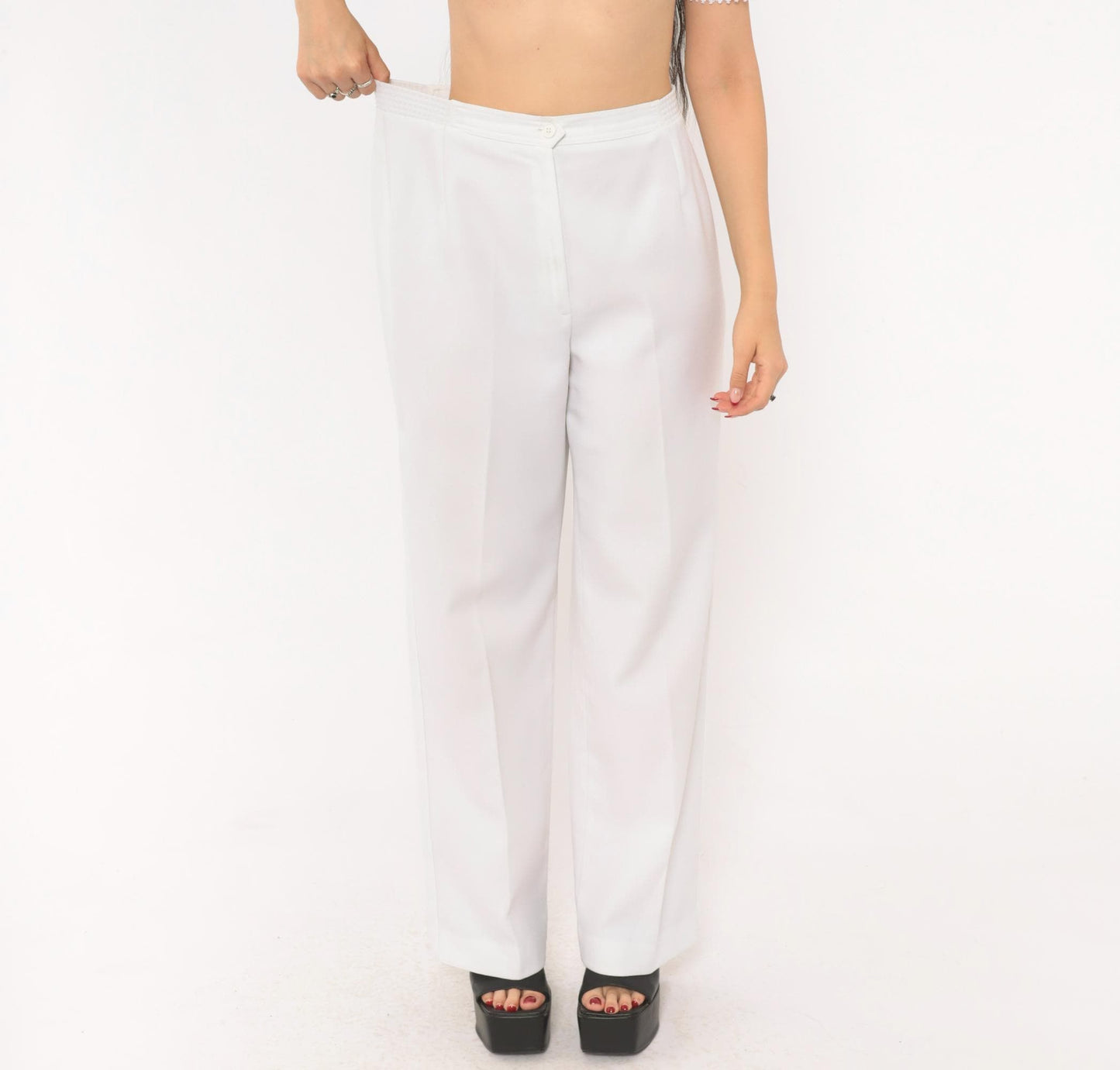 70s White High-Rise Wide-Leg Trousers Pleated Straight Pants Large L